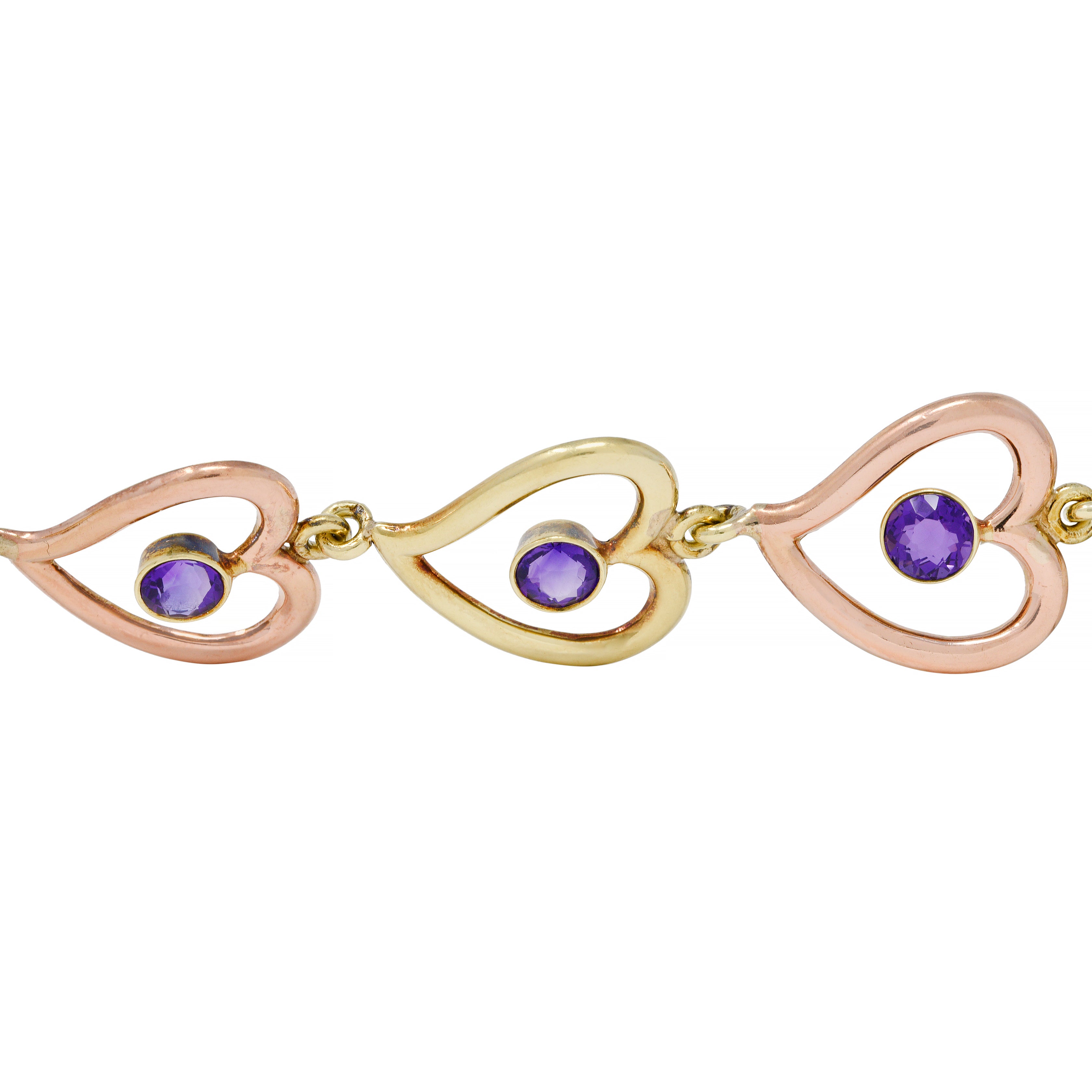 Retro Amethyst 14 Karat Two-Tone Gold Witches Heart Link Vintage Bracelet