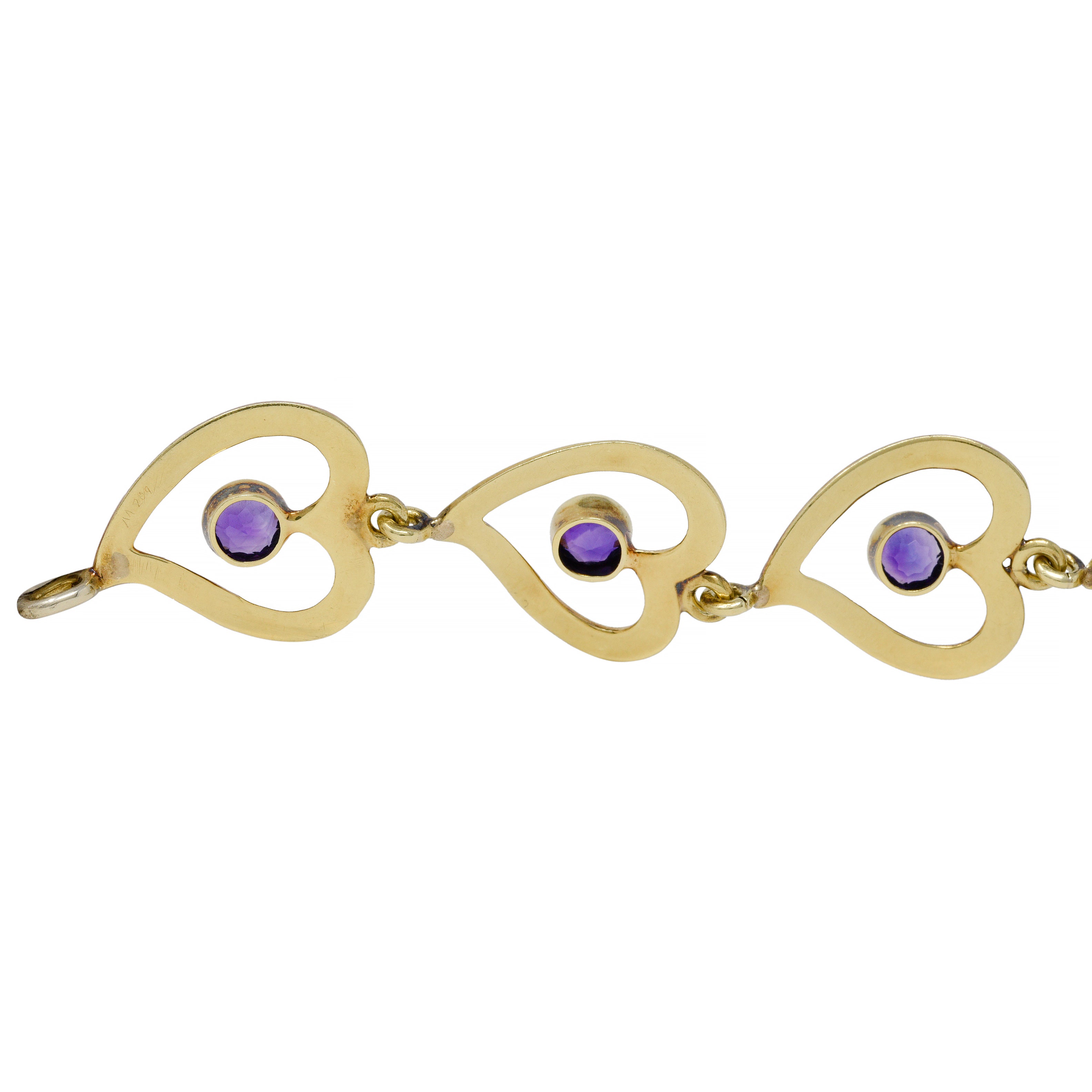 Retro Amethyst 14 Karat Two-Tone Gold Witches Heart Link Vintage Bracelet