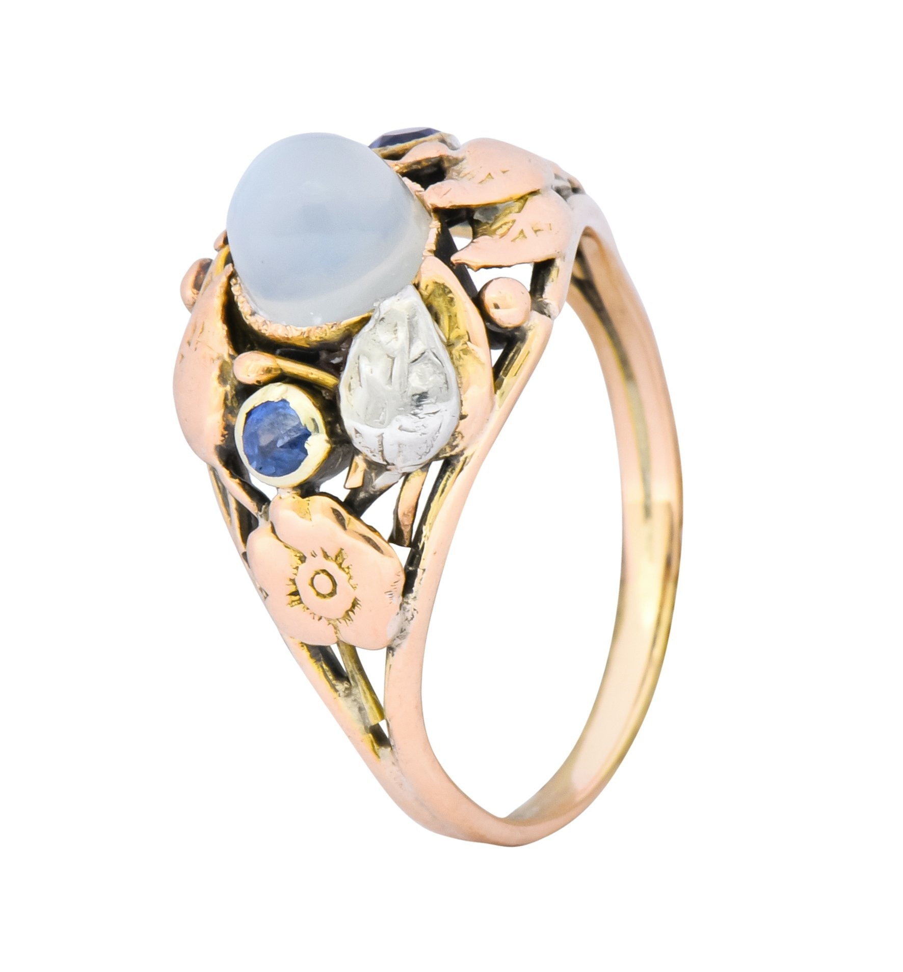 1900's Arts & Crafts Moonstone Sapphire 14 Karat Gold Floral Ring - Wilson's Estate Jewelry