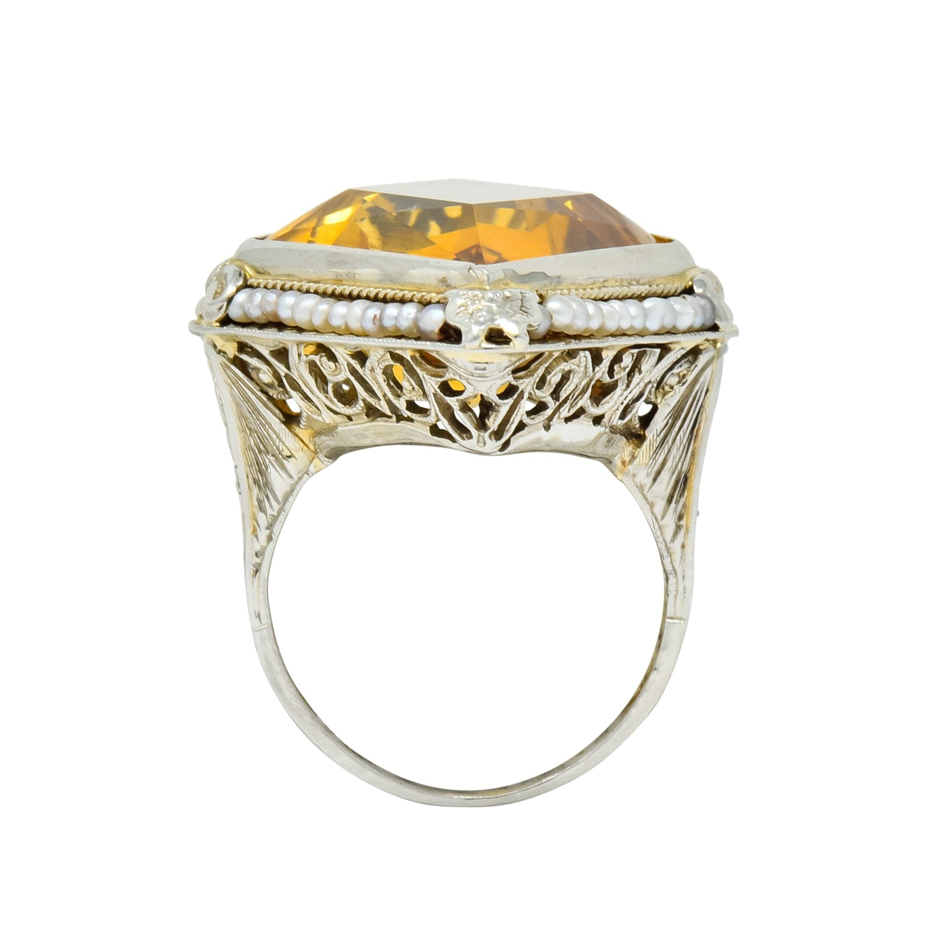 1920 Edwardian Citrine Seed Pearl 18 Karat White Gold Cocktail Ring - Wilson's Estate Jewelry