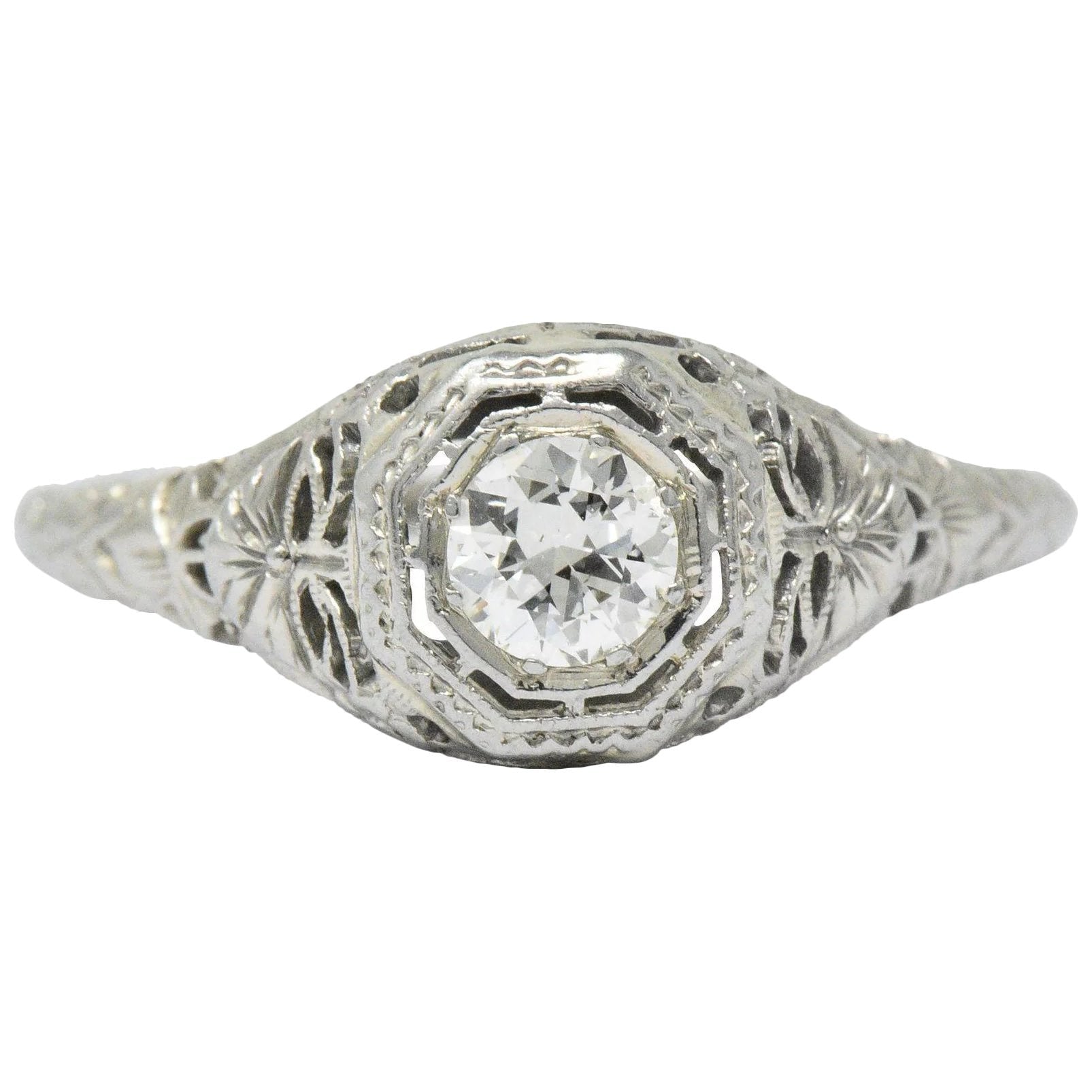 Art Deco 0.35 CTW Diamond 14 Karat White Gold Foliate Engagement Ring Circa 1930 Wilson's Estate Jewelry