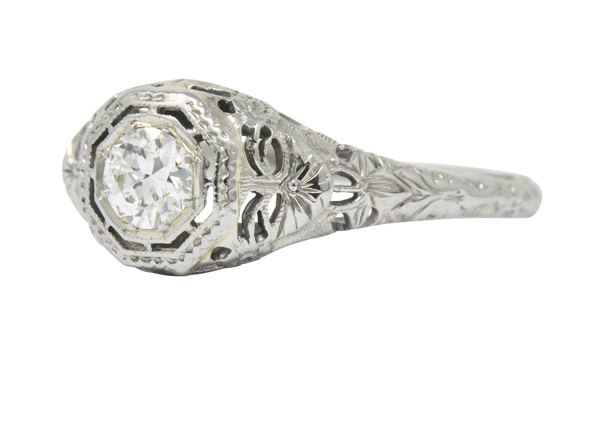 Art Deco 0.35 CTW Diamond 14 Karat White Gold Foliate Engagement Ring Circa 1930 Wilson's Estate Jewelry