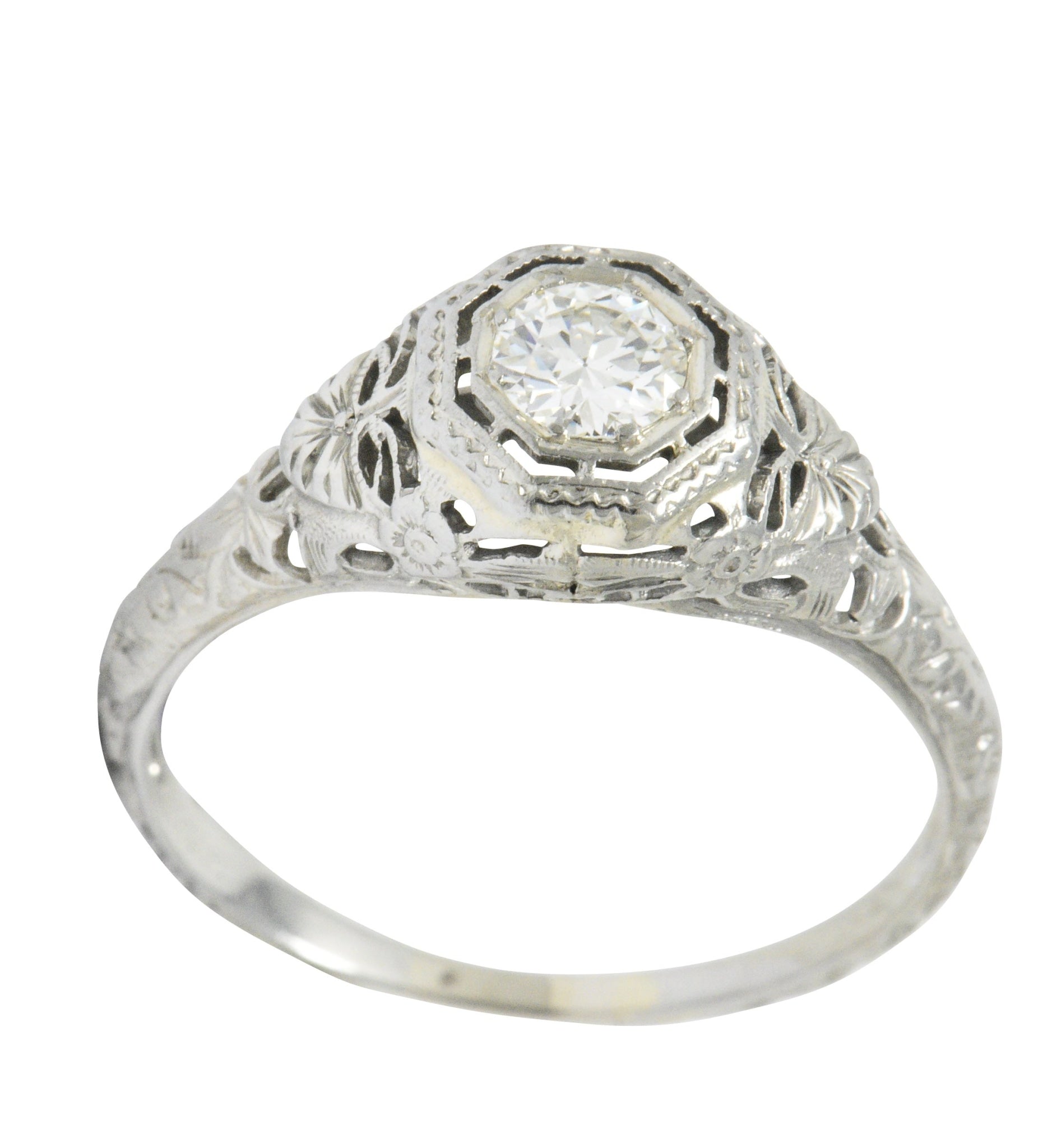 Art Deco 0.35 CTW Diamond 14 Karat White Gold Foliate Engagement Ring Circa 1930 Wilson's Estate Jewelry