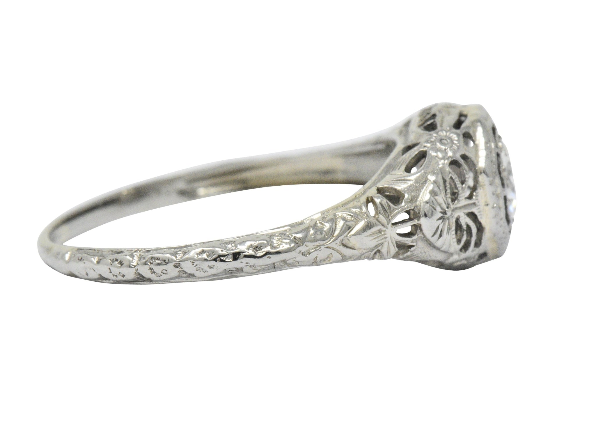 Art Deco 0.35 CTW Diamond 14 Karat White Gold Foliate Engagement Ring Circa 1930 Wilson's Estate Jewelry