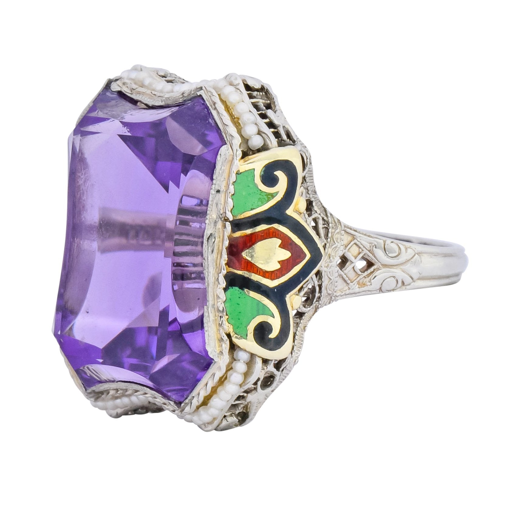 1930's Art Deco Amethyst Enamel Pearl 14 Karat Two-Tone Gold Statement Ring - Wilson's Estate Jewelry