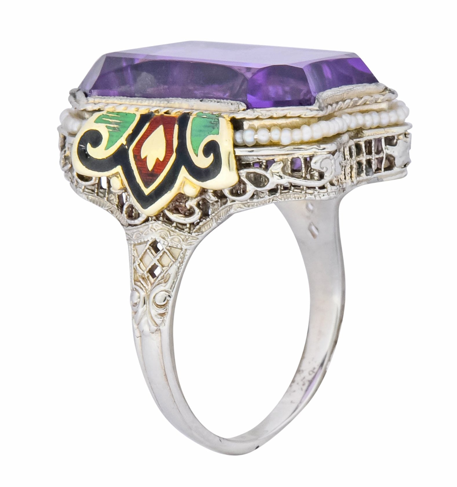 1930's Art Deco Amethyst Enamel Pearl 14 Karat Two-Tone Gold Statement Ring - Wilson's Estate Jewelry