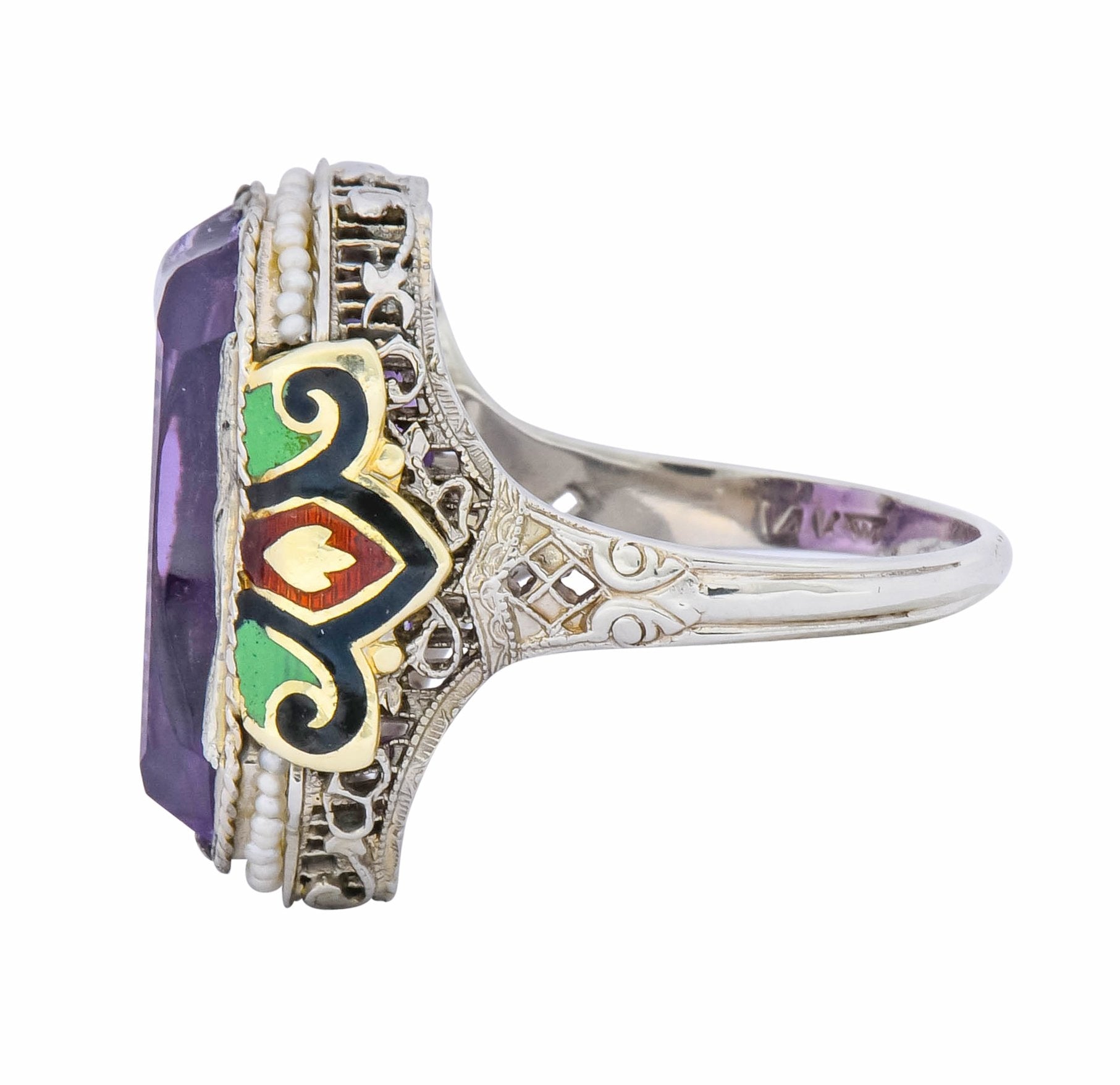 1930's Art Deco Amethyst Enamel Pearl 14 Karat Two-Tone Gold Statement Ring - Wilson's Estate Jewelry