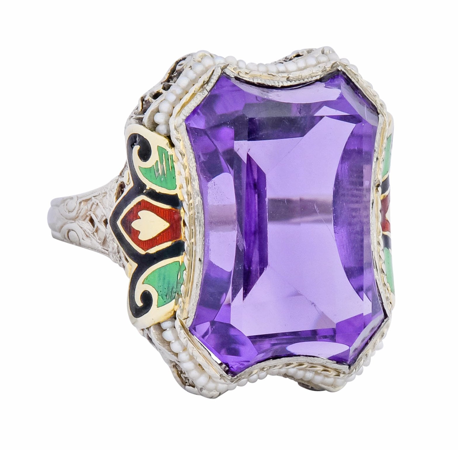 1930's Art Deco Amethyst Enamel Pearl 14 Karat Two-Tone Gold Statement Ring - Wilson's Estate Jewelry