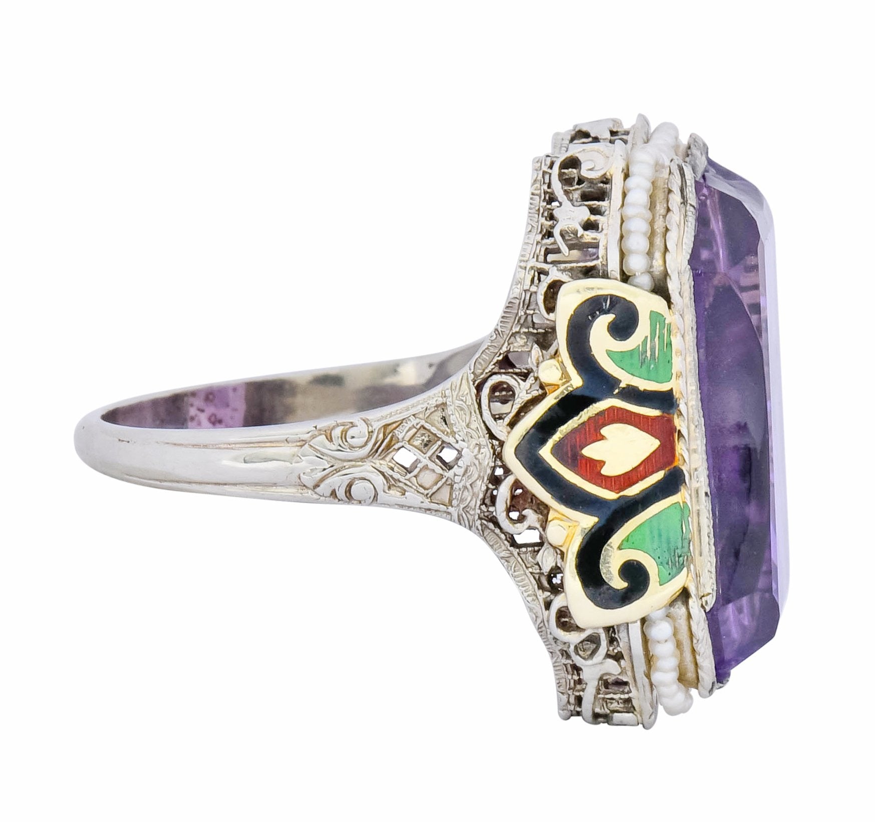 1930's Art Deco Amethyst Enamel Pearl 14 Karat Two-Tone Gold Statement Ring - Wilson's Estate Jewelry