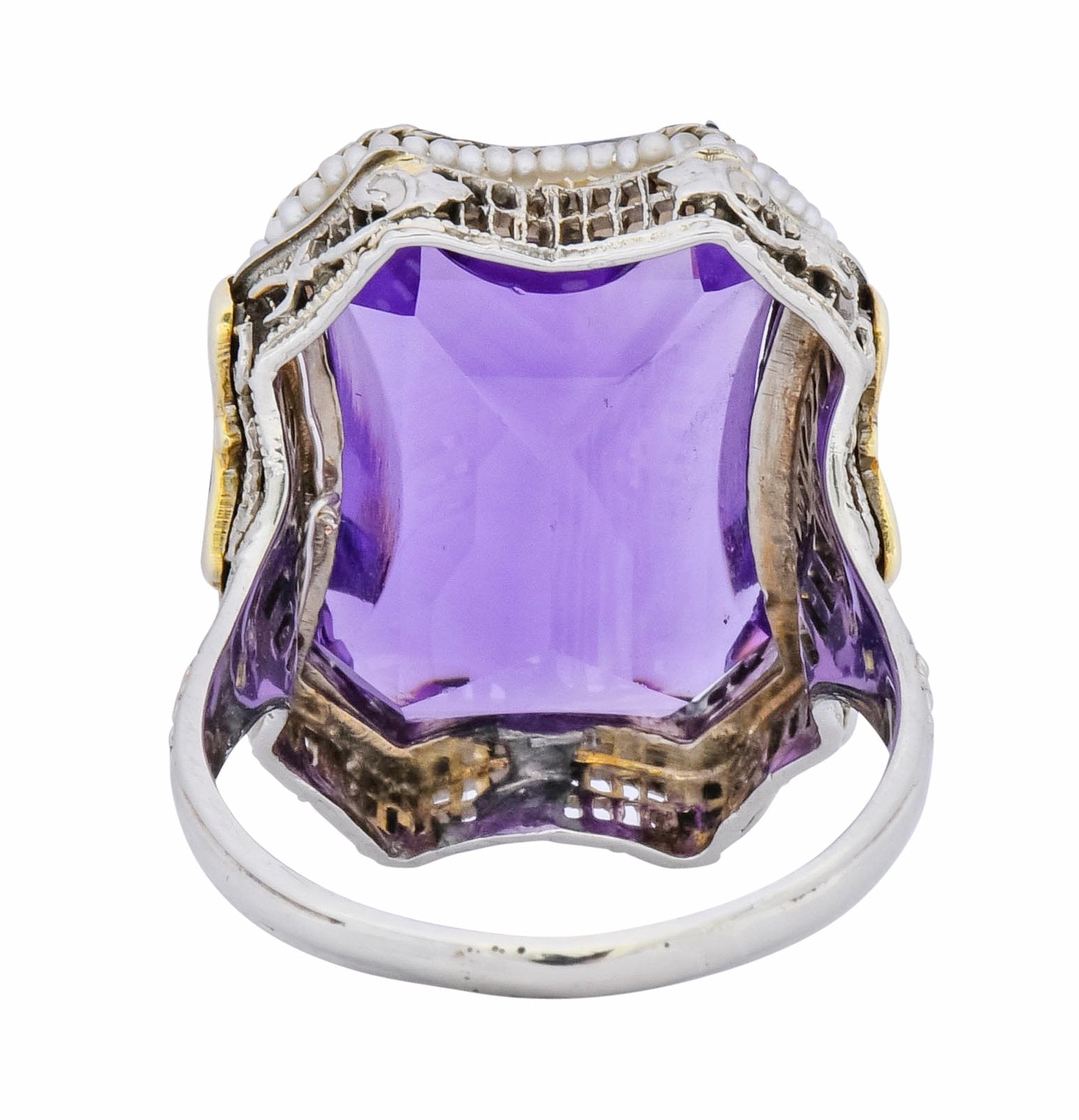 1930's Art Deco Amethyst Enamel Pearl 14 Karat Two-Tone Gold Statement Ring - Wilson's Estate Jewelry