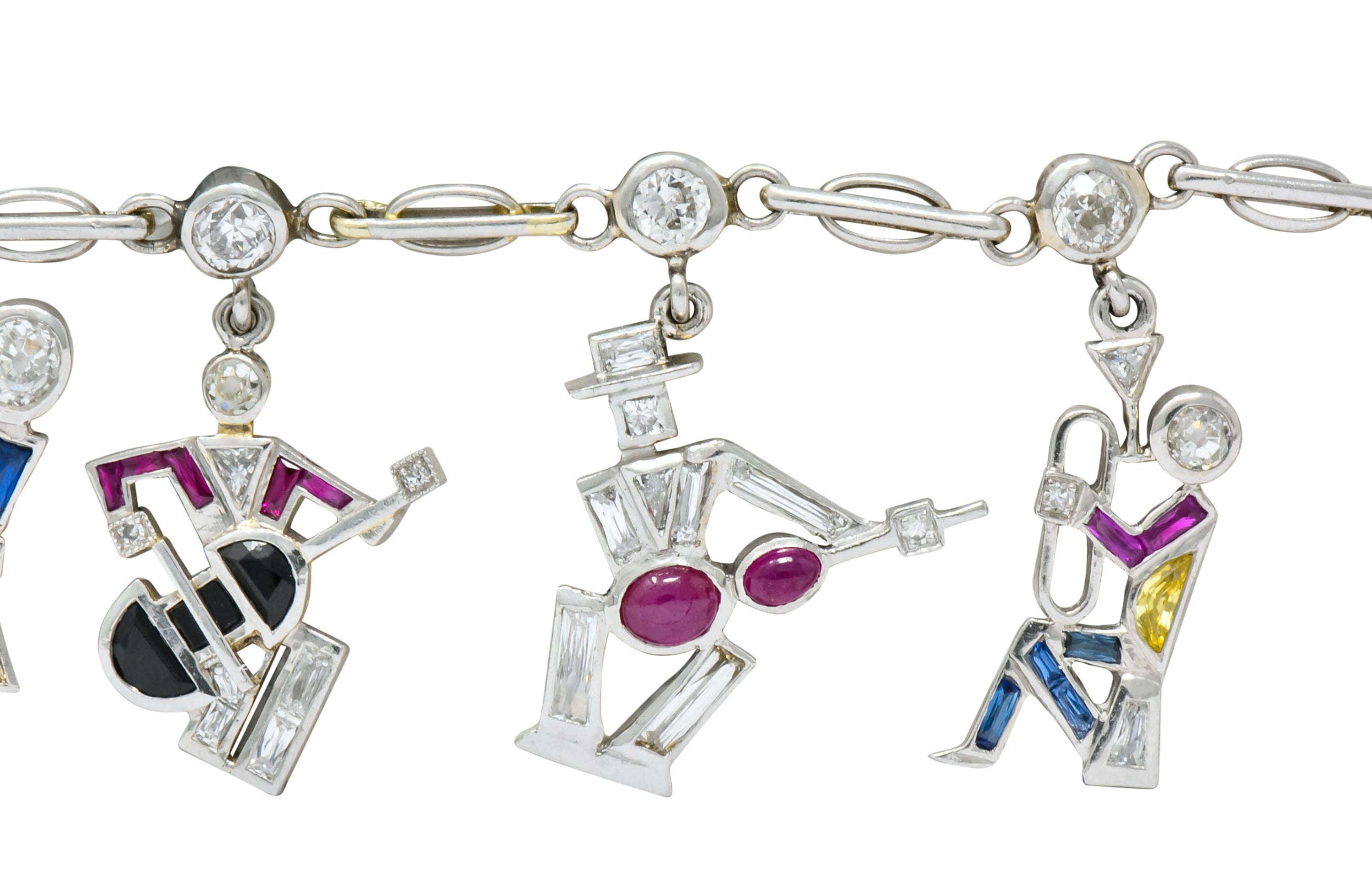 Retro Diamond Ruby Sapphire Platinum Jazz Band Musical Charm Bracelet Circa 1940s - Wilson's Estate Jewelry