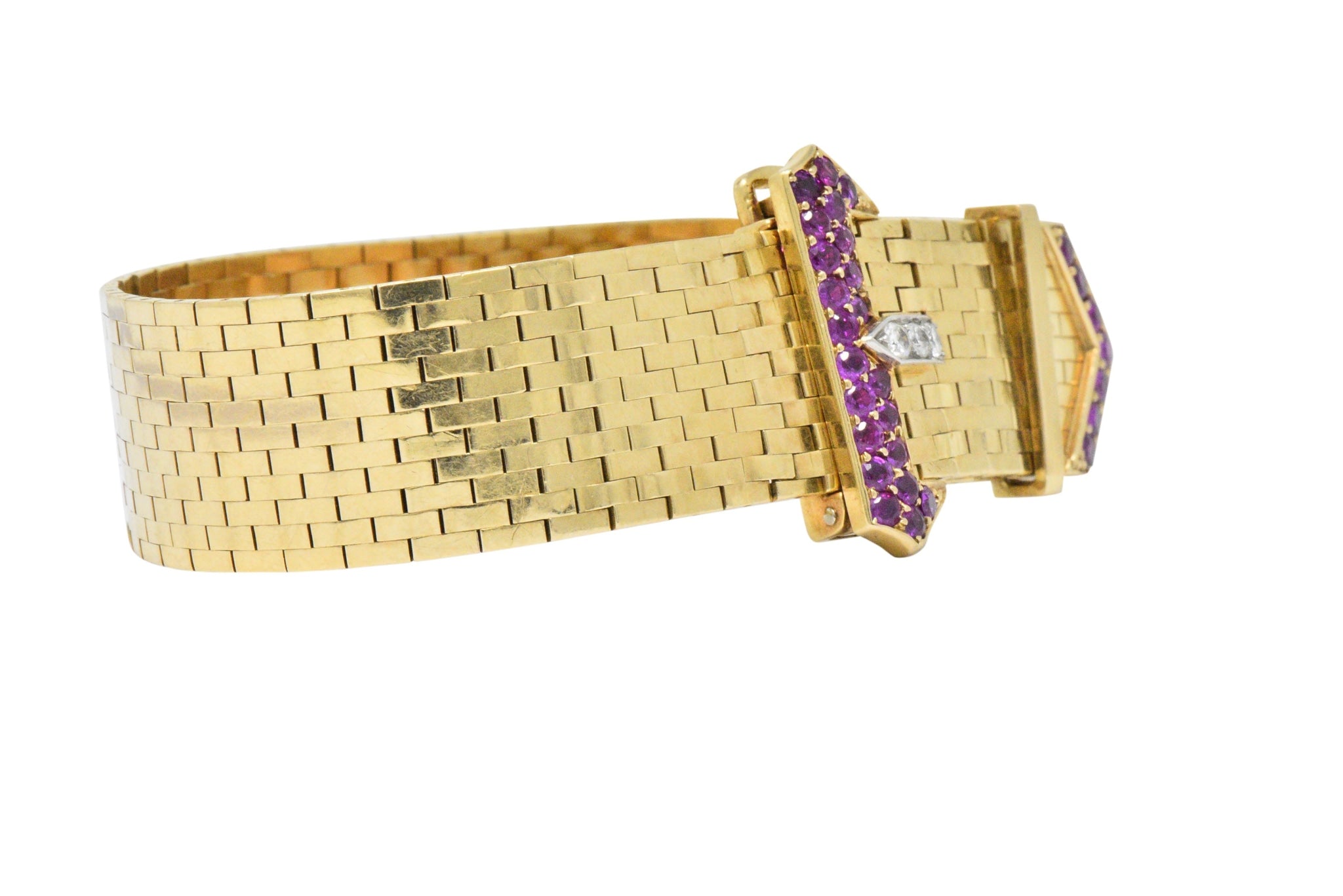 1940's Retro 1.37 CTW Ruby Diamond 14 Karat Gold Jarretière Buckle Link Bracelet Wilson's Estate Jewelry