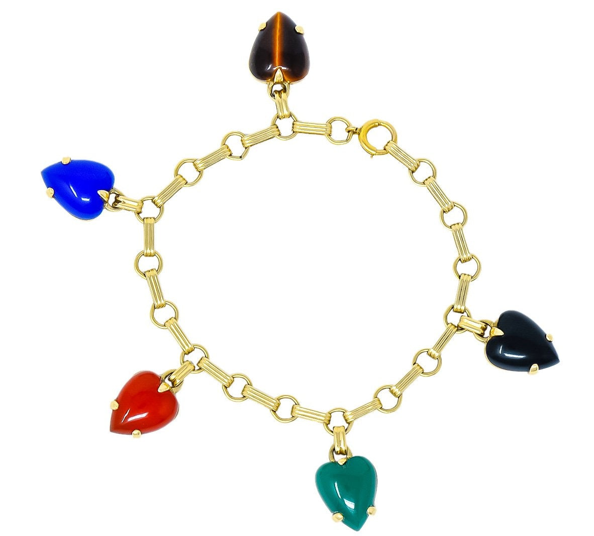 1940's Retro Agate 14 Karat Gold Heart Charm Bracelet - Wilson's Estate Jewelry