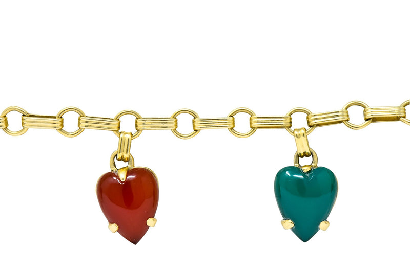1940's Retro Agate 14 Karat Gold Heart Charm Bracelet - Wilson's Estate Jewelry