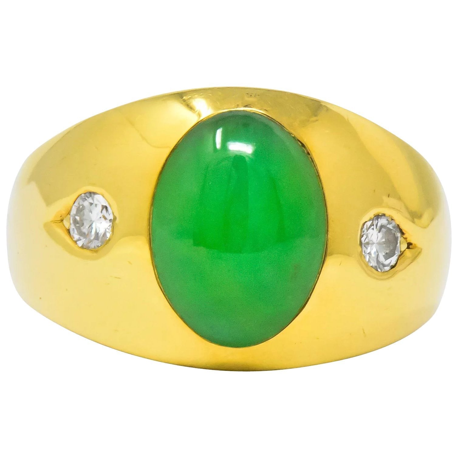 1950's Jadeite Jade Cabochon Diamond 18 Karat Gold Unisex Ring GIA Wilson's Estate Jewelry