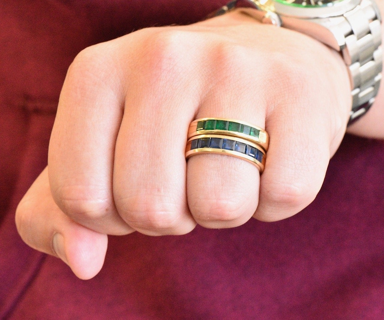 2 Contemporary 5.50 CTW Sapphire Emerald 18 Karat Gold Men's Band Rings Wilson's Estate Jewelry