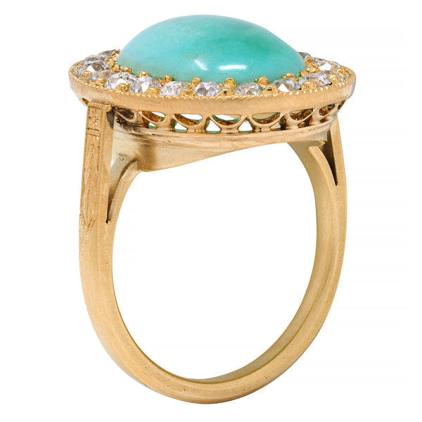 Art Deco Diamond Turquoise Cabochon 14 Karat Gold Vintage Cluster Halo Ring