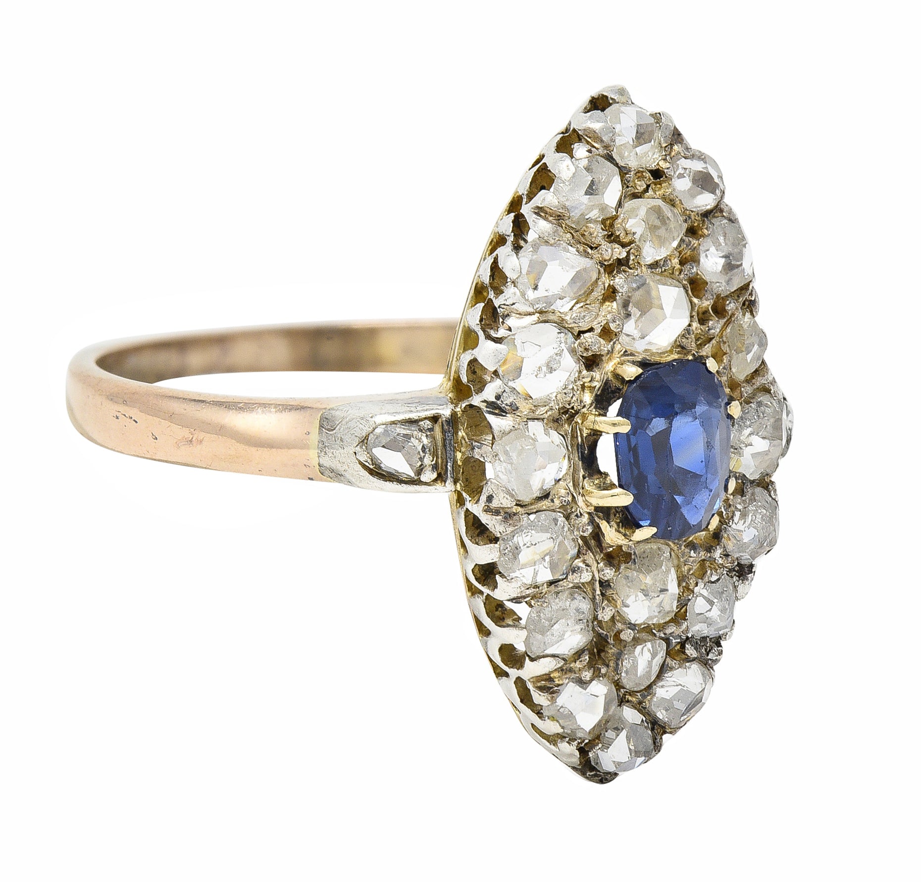 Victorian 1.84 CTW Sapphire Diamond 18 Karat Gold Silver Antique Cluster Ring