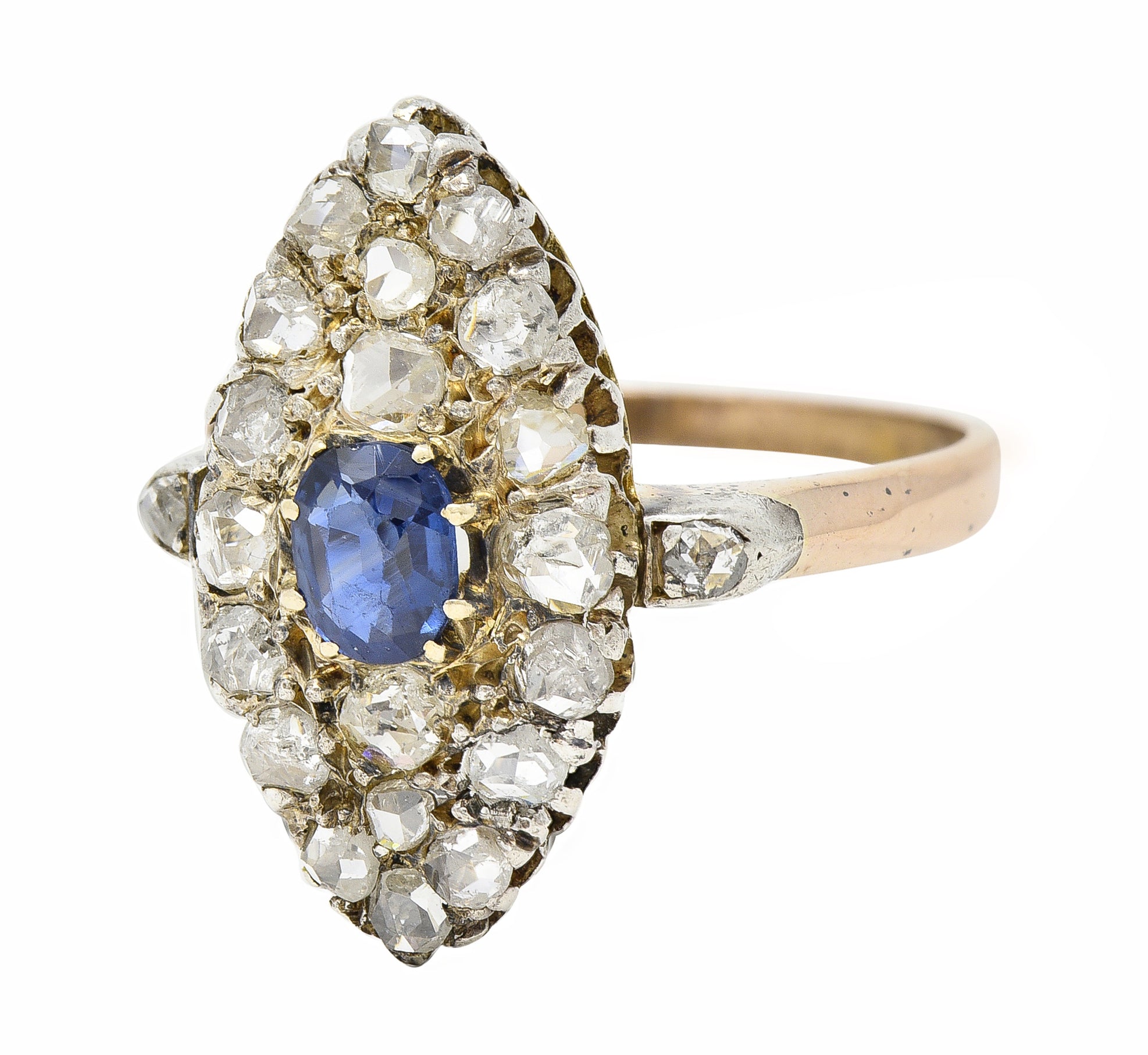 Victorian 1.84 CTW Sapphire Diamond 18 Karat Gold Silver Antique Cluster Ring
