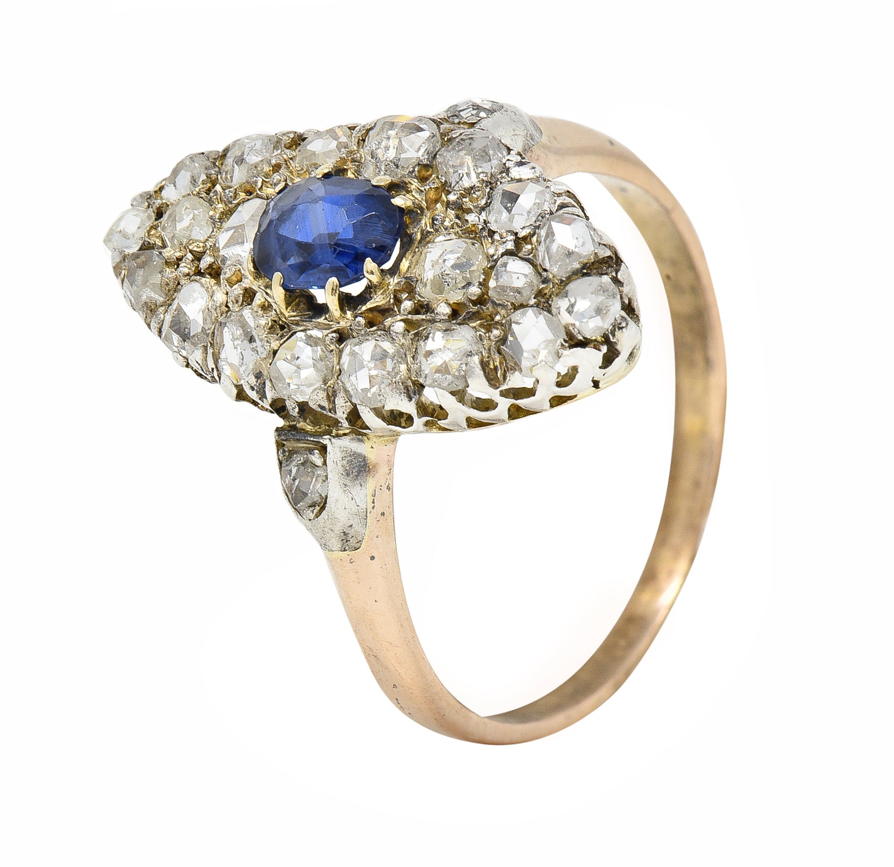 Victorian 1.84 CTW Sapphire Diamond 18 Karat Gold Silver Antique Cluster Ring