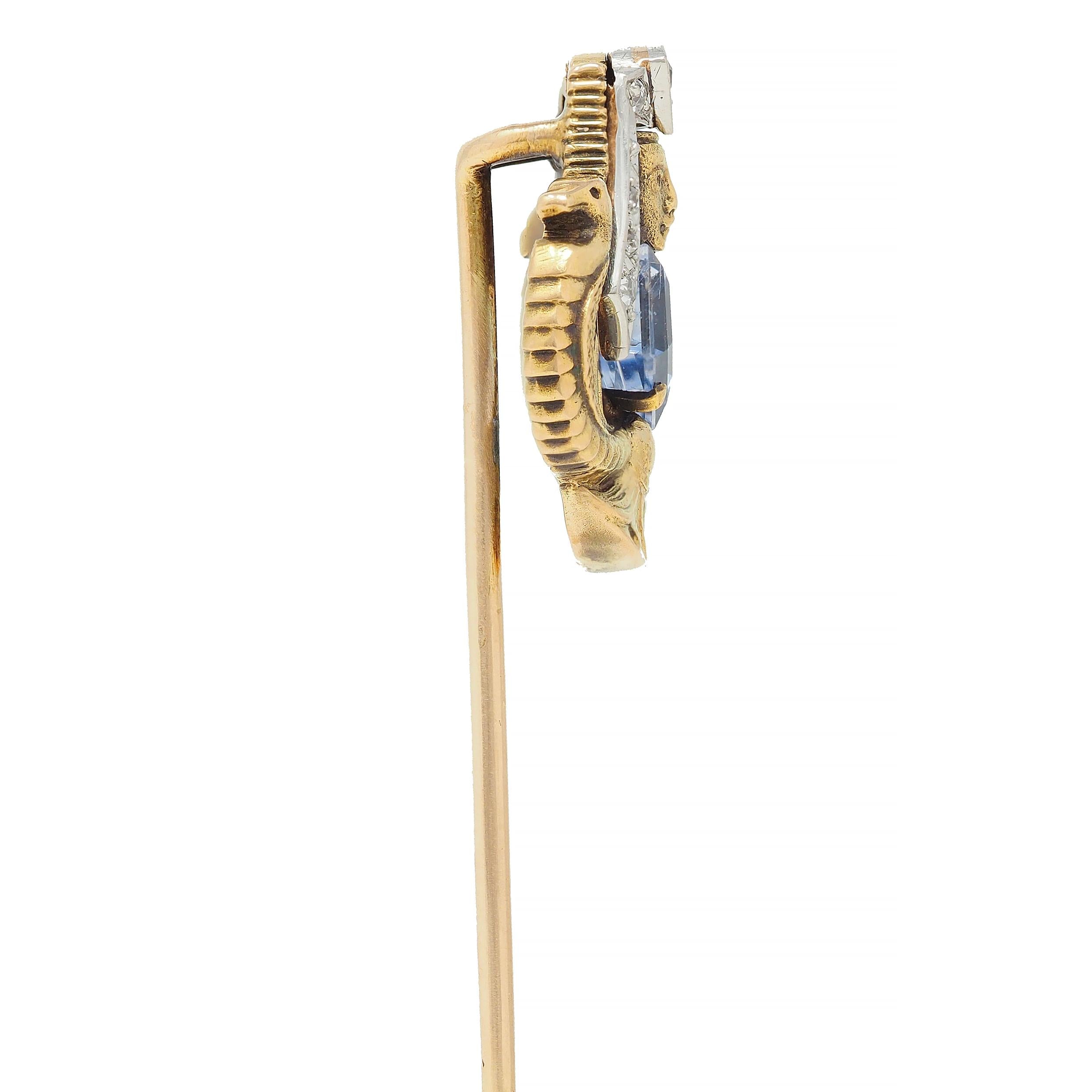 Art Deco Egyptian Revival Sapphire Diamond Platinum 18 Karat Gold Stickpin