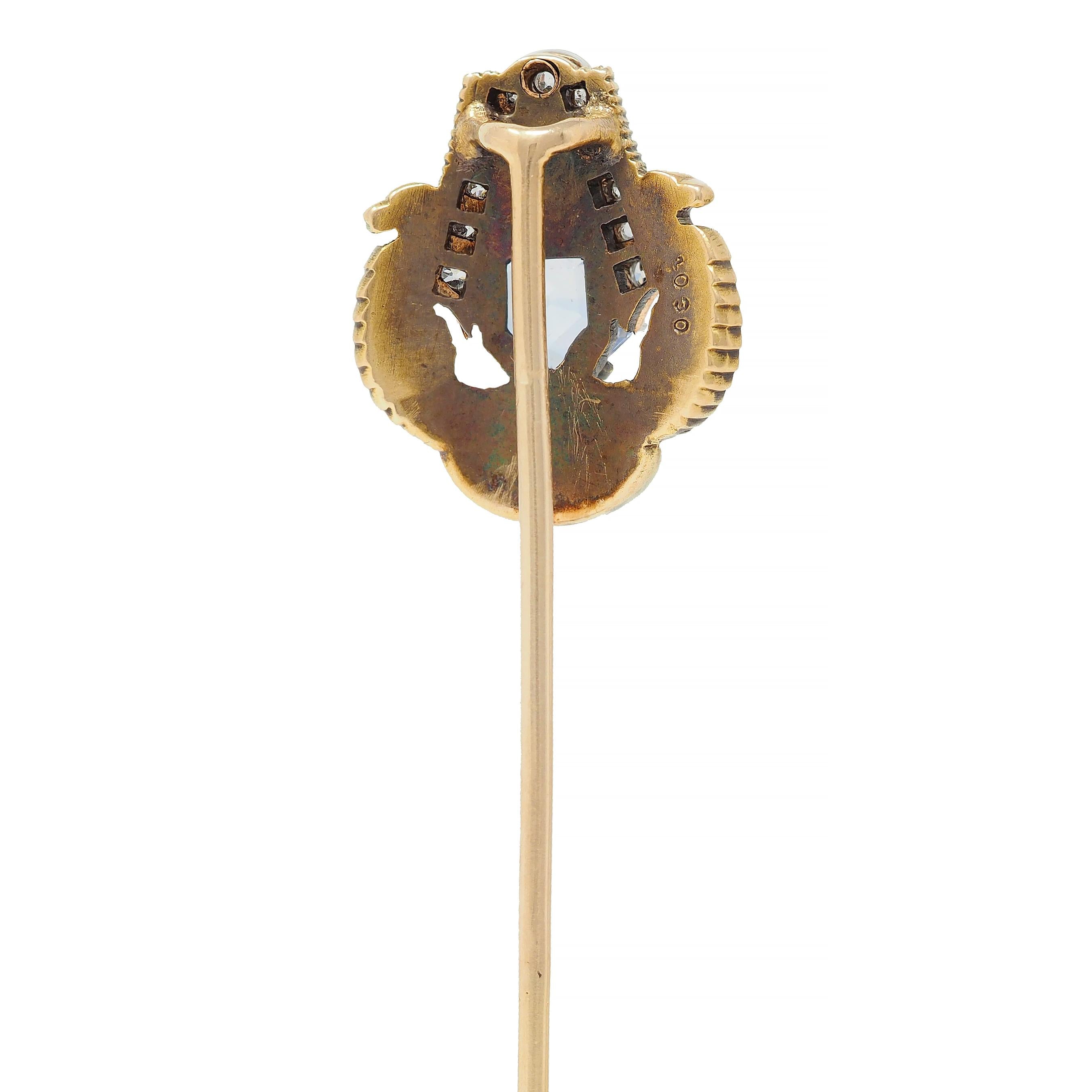 Art Deco Egyptian Revival Sapphire Diamond Platinum 18 Karat Gold Stickpin