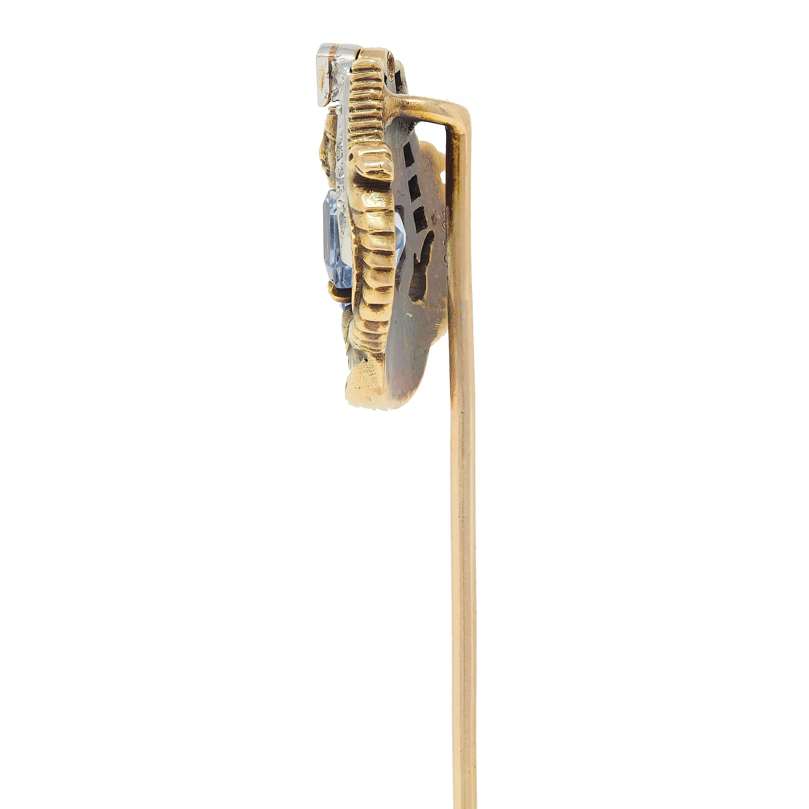 Art Deco Egyptian Revival Sapphire Diamond Platinum 18 Karat Gold Stickpin