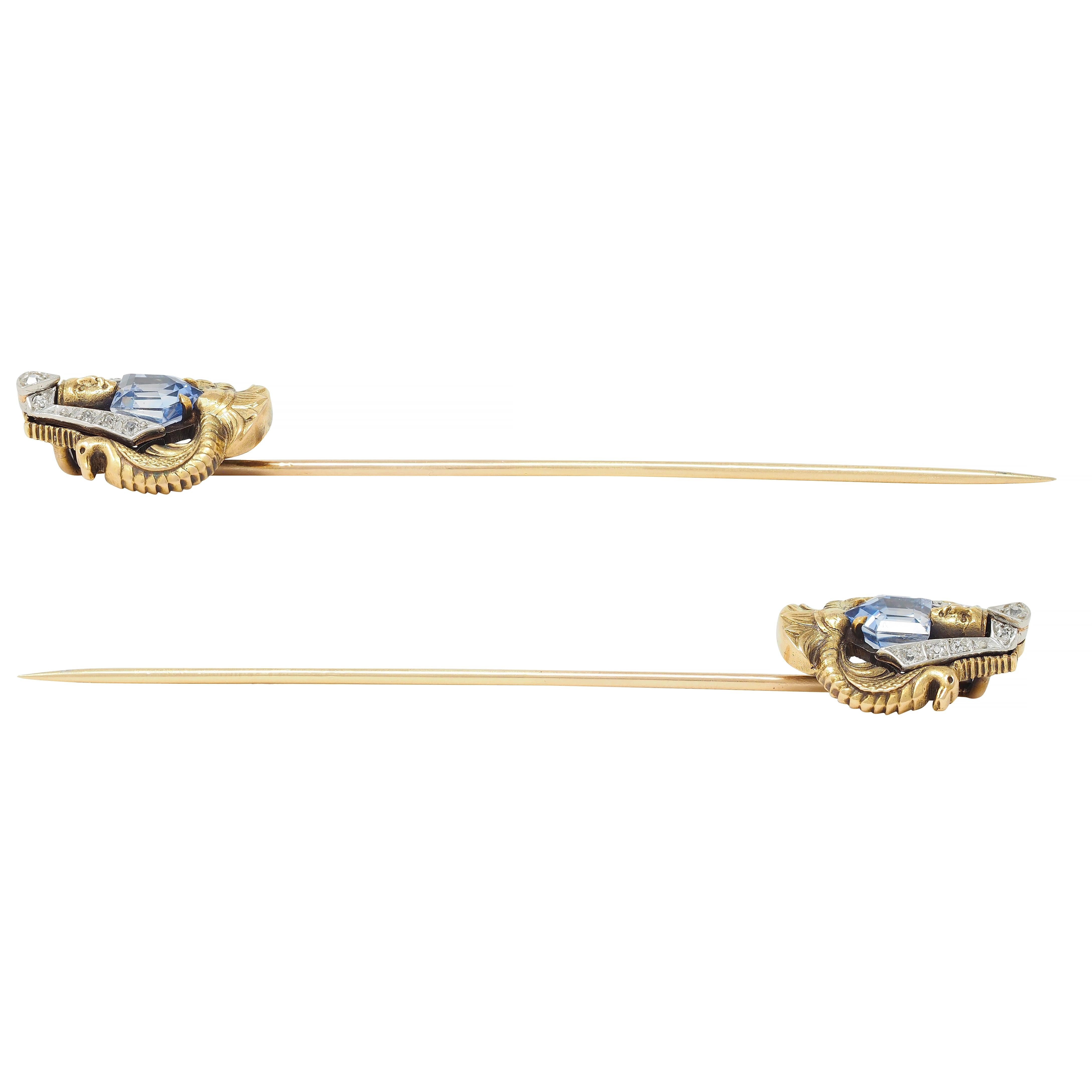 Art Deco Egyptian Revival Sapphire Diamond Platinum 18 Karat Gold Stickpin