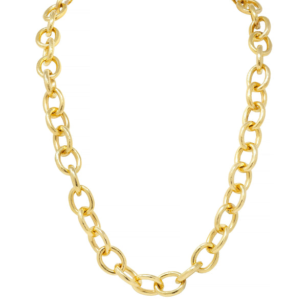 Elizabeth Locke Diamond Emerald 18 Karat Yellow Gold Hammered Link Necklace