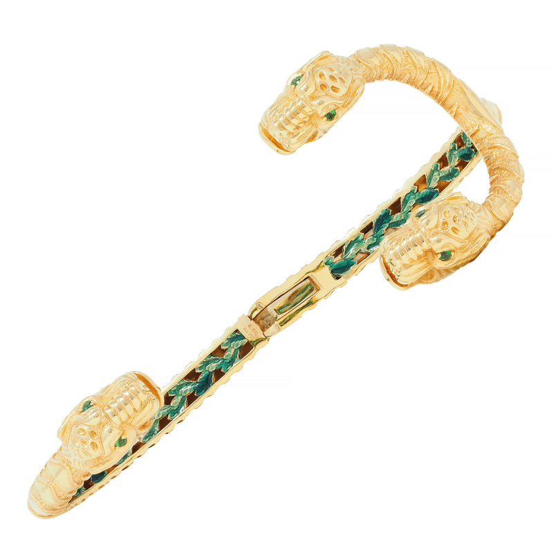 Gucci 2016 Tsavorite Enamel 18 Karat Yellow Gold Dionysus Tiger Cuff Bracelet