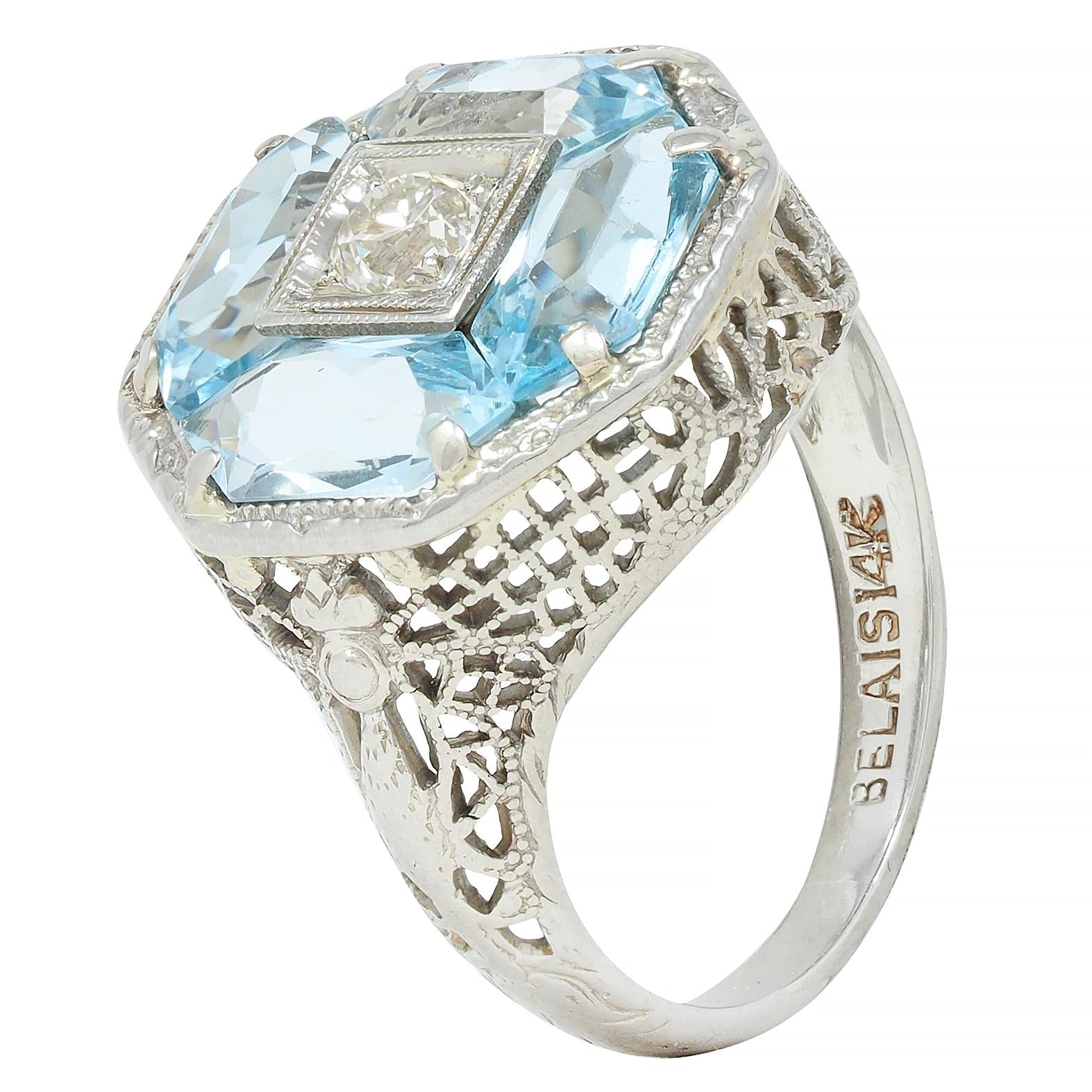 Belais Edwardian Diamond Aquamarine 14 Karat White Gold Antique Dargonfly Ring