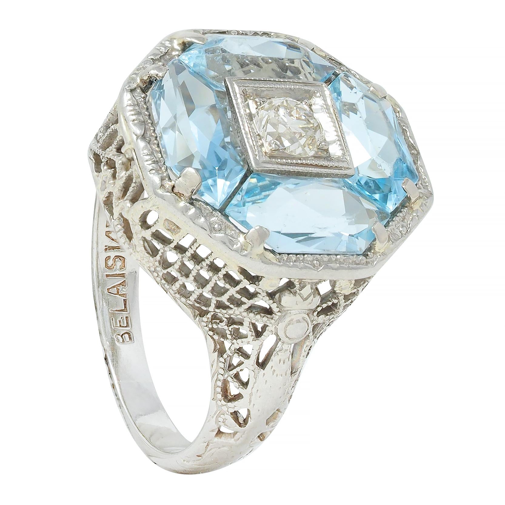 Belais Edwardian Diamond Aquamarine 14 Karat White Gold Antique Dargonfly Ring