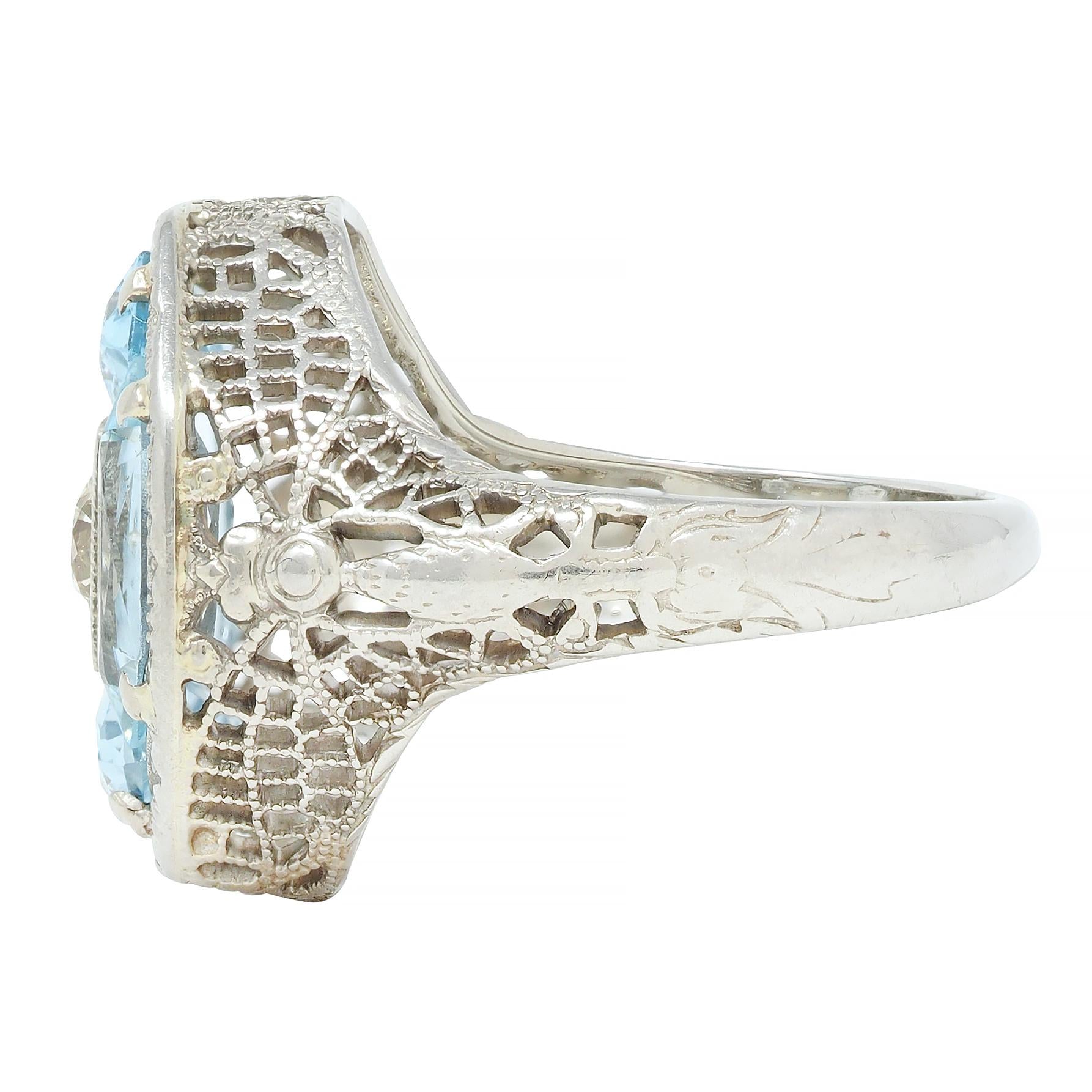 Belais Edwardian Diamond Aquamarine 14 Karat White Gold Antique Dargonfly Ring