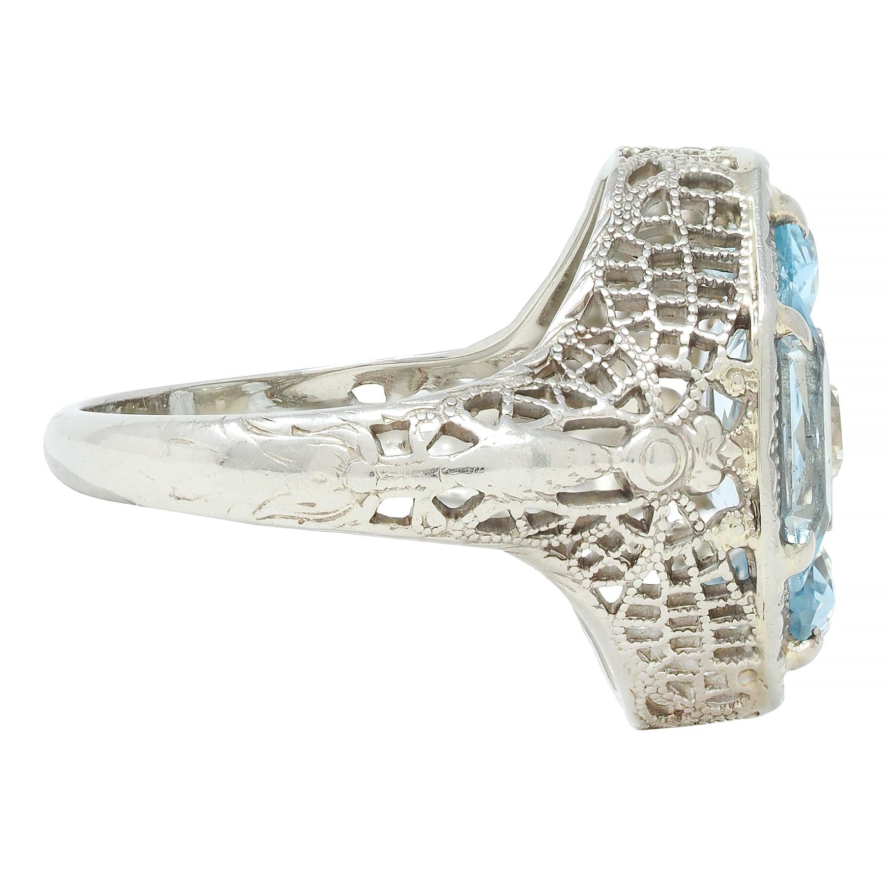 Belais Edwardian Diamond Aquamarine 14 Karat White Gold Antique Dargonfly Ring