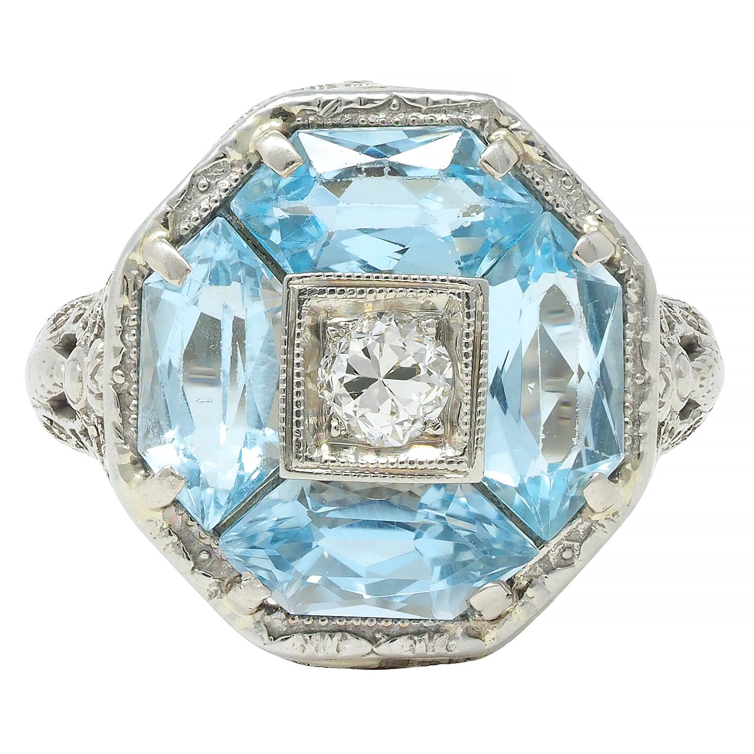 Belais Edwardian Diamond Aquamarine 14 Karat White Gold Antique Dargonfly Ring