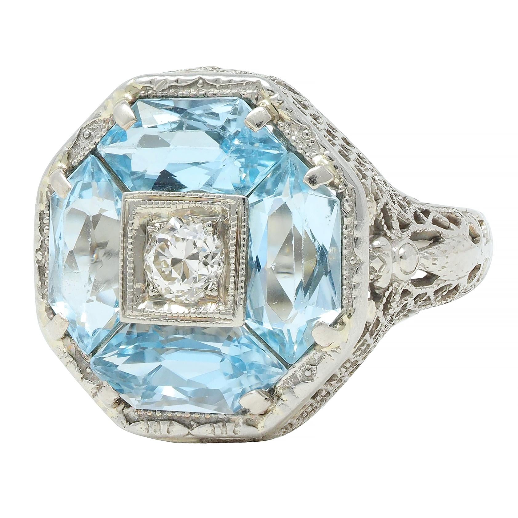 Belais Edwardian Diamond Aquamarine 14 Karat White Gold Antique Dargonfly Ring