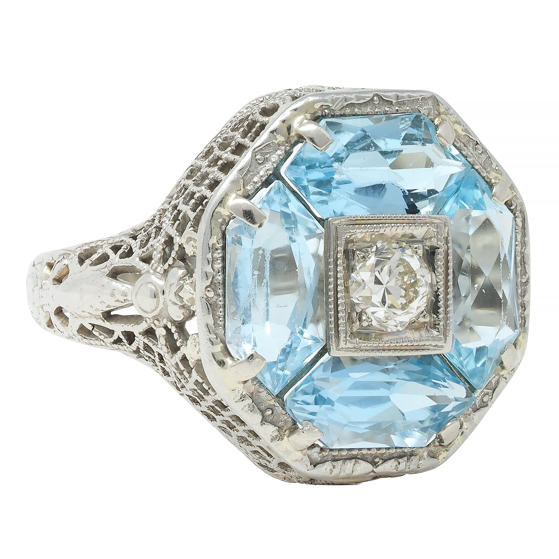 Belais Edwardian Diamond Aquamarine 14 Karat White Gold Antique Dargonfly Ring