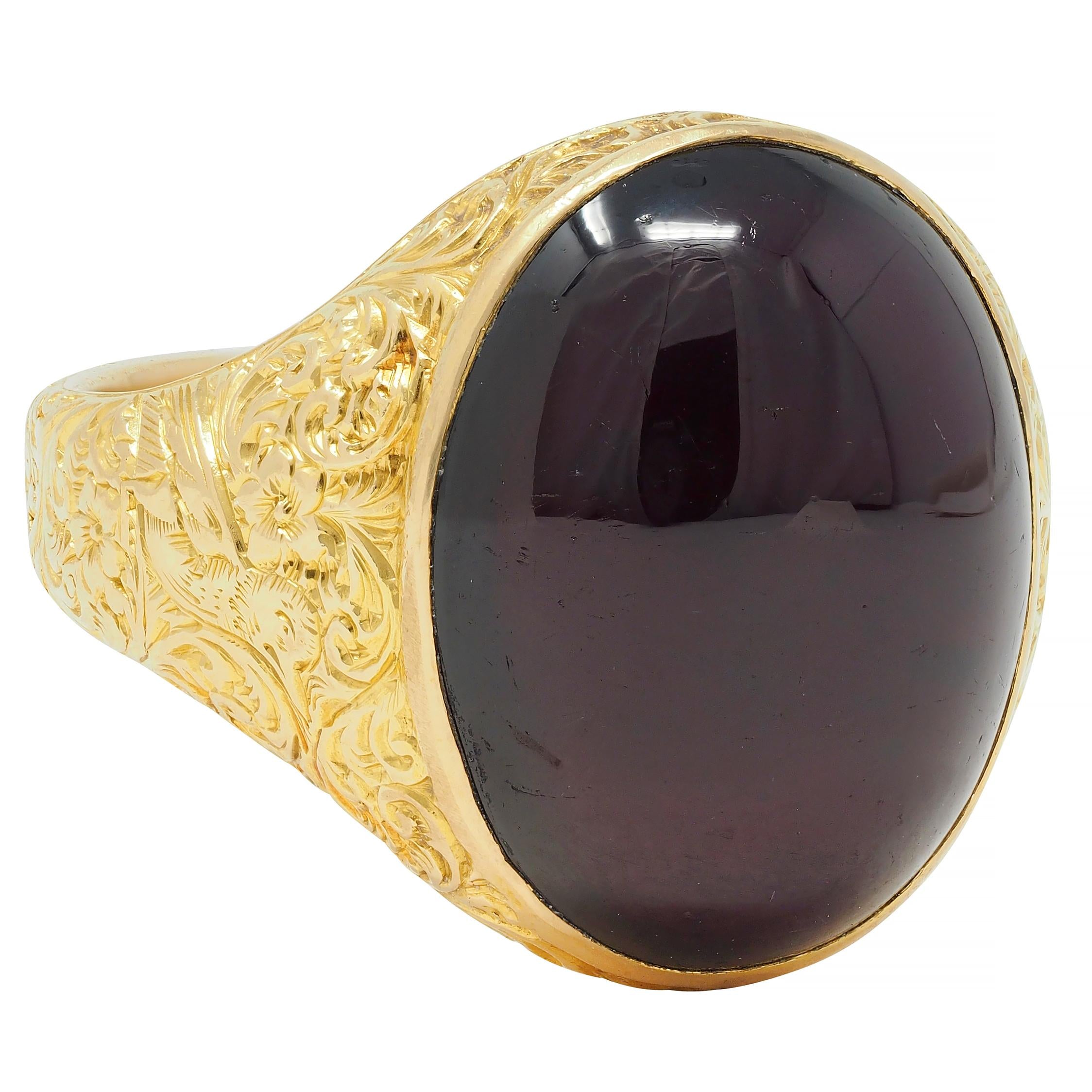 Victorian Garnet Cabochon 18 Karat Yellow Gold Floral Antique Unisex Signet Ring