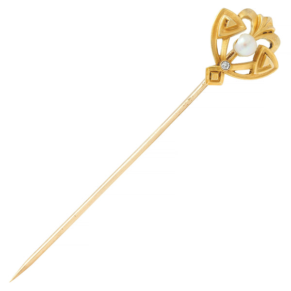 Henry Blank & Co. Art Nouveau Pearl 14 Karat Yellow Gold Antique Shield Stickpin