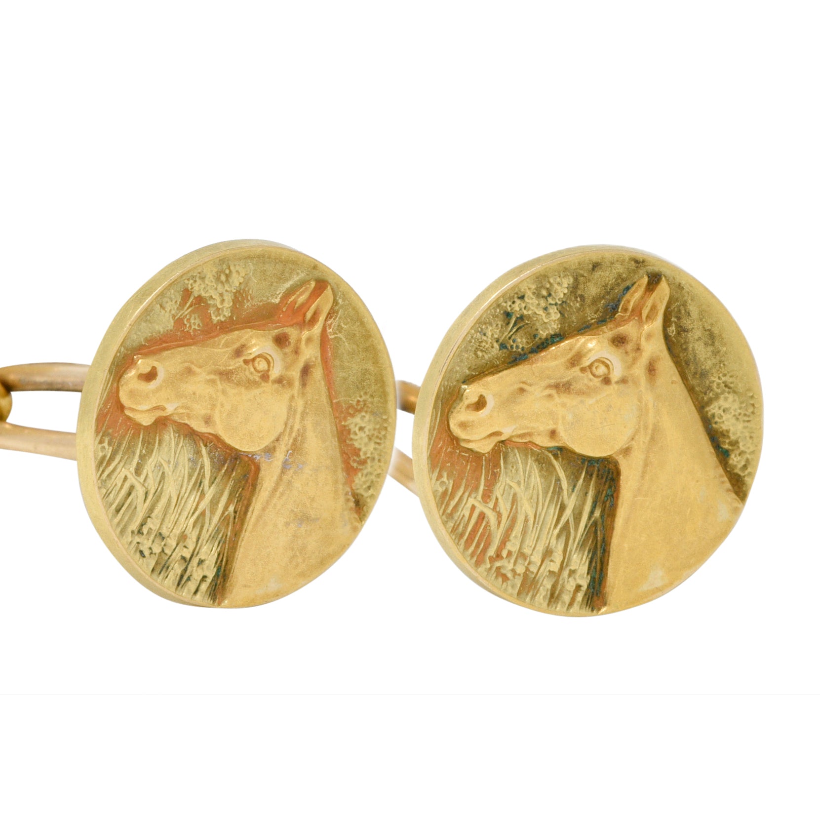 Edwardian 1908 14 Karat Two-Tone Gold Horse Antique Cufflinks