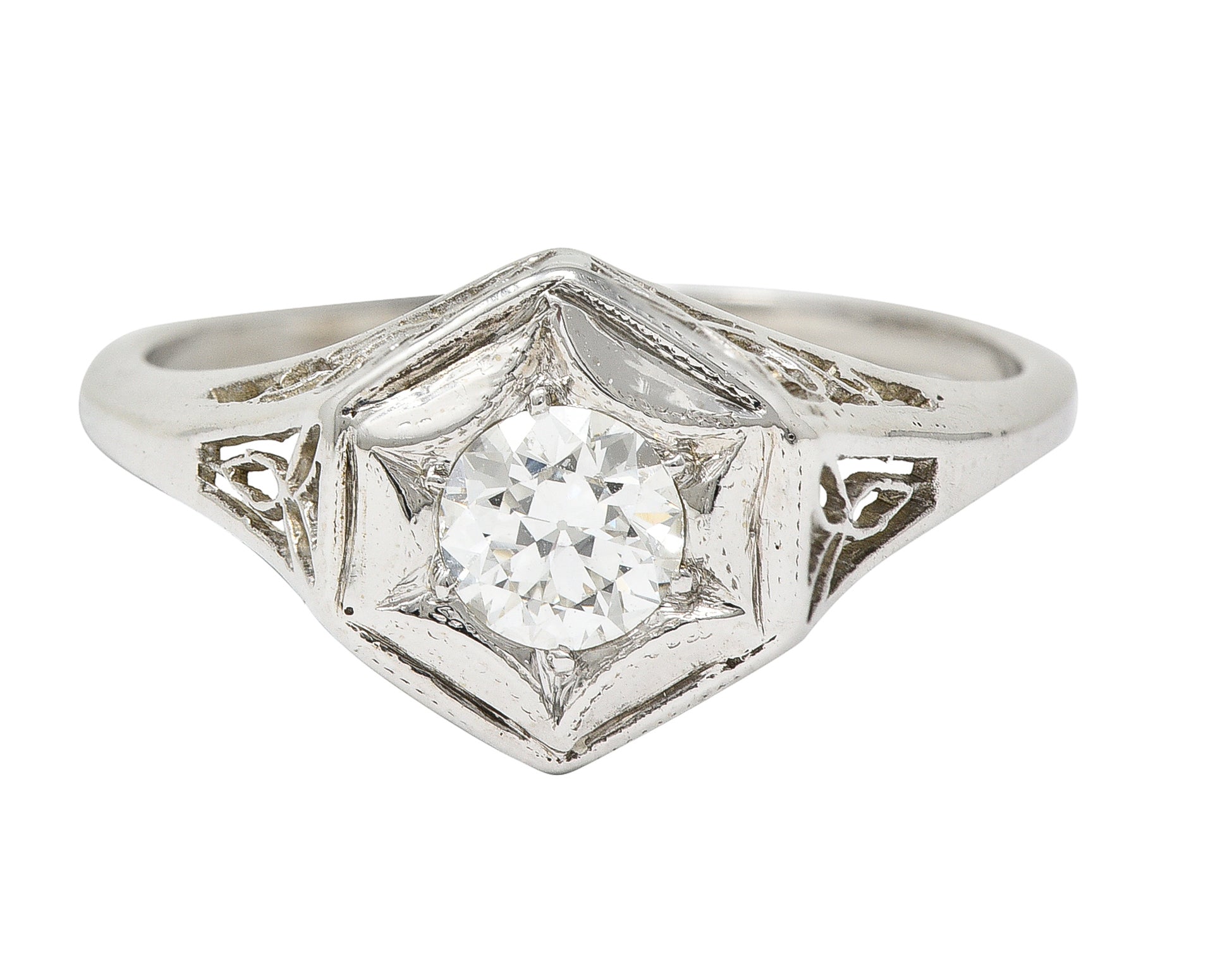 Art Deco 0.47 CTW Diamond 14 Karat White Gold Starburst Foliate Engagement Ring Wilson's Estate Jewelry