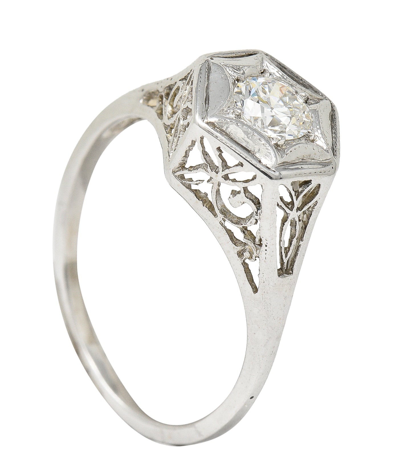 Art Deco 0.47 CTW Diamond 14 Karat White Gold Starburst Foliate Engagement Ring Wilson's Estate Jewelry