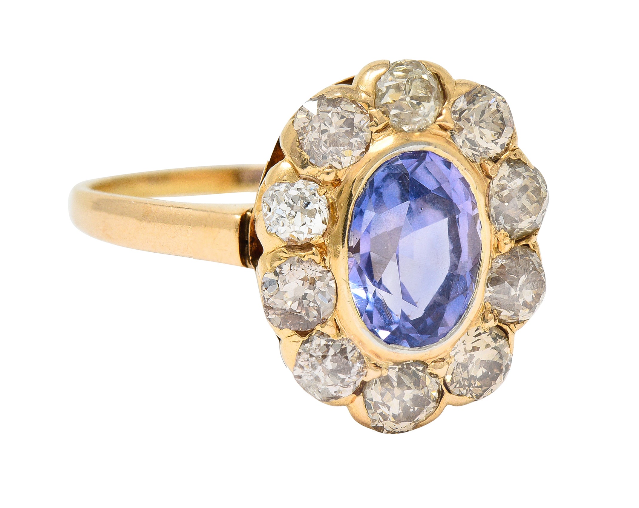 Victorian 3.18 CTW No Heat Ceylon Sapphire Diamond 14 Karat Yellow Gold Cluster Ring GIA Wilson's Estate Jewelry