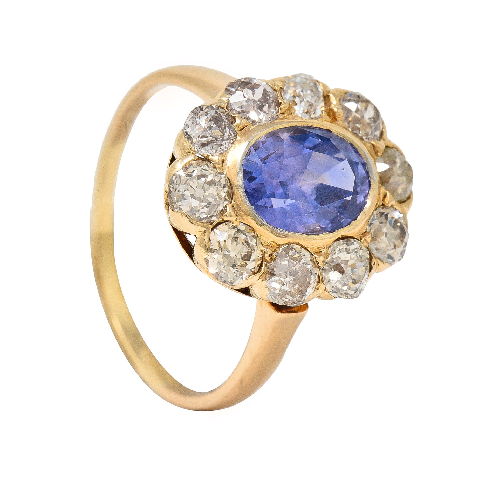 Victorian 3.18 CTW No Heat Ceylon Sapphire Diamond 14 Karat Yellow Gold Cluster Ring GIA Wilson's Estate Jewelry