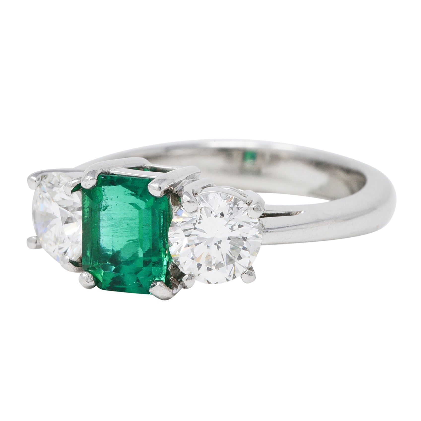 Mid-Century 2.27 CTW Emerald Diamond Platinum Vintage Three Stone Ring GIA Wilson's Estate Jewelry