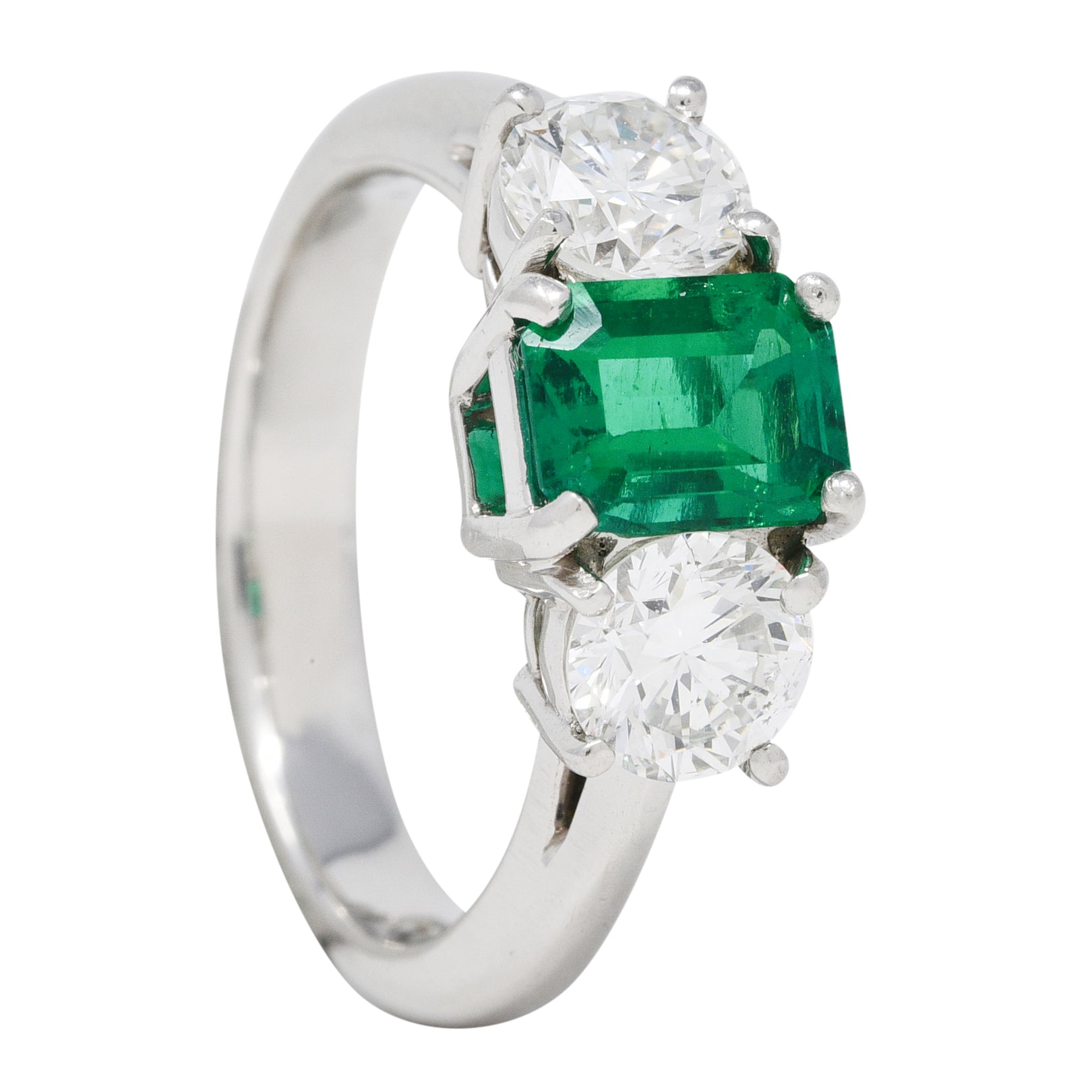 Mid-Century 2.27 CTW Emerald Diamond Platinum Vintage Three Stone Ring GIA Wilson's Estate Jewelry