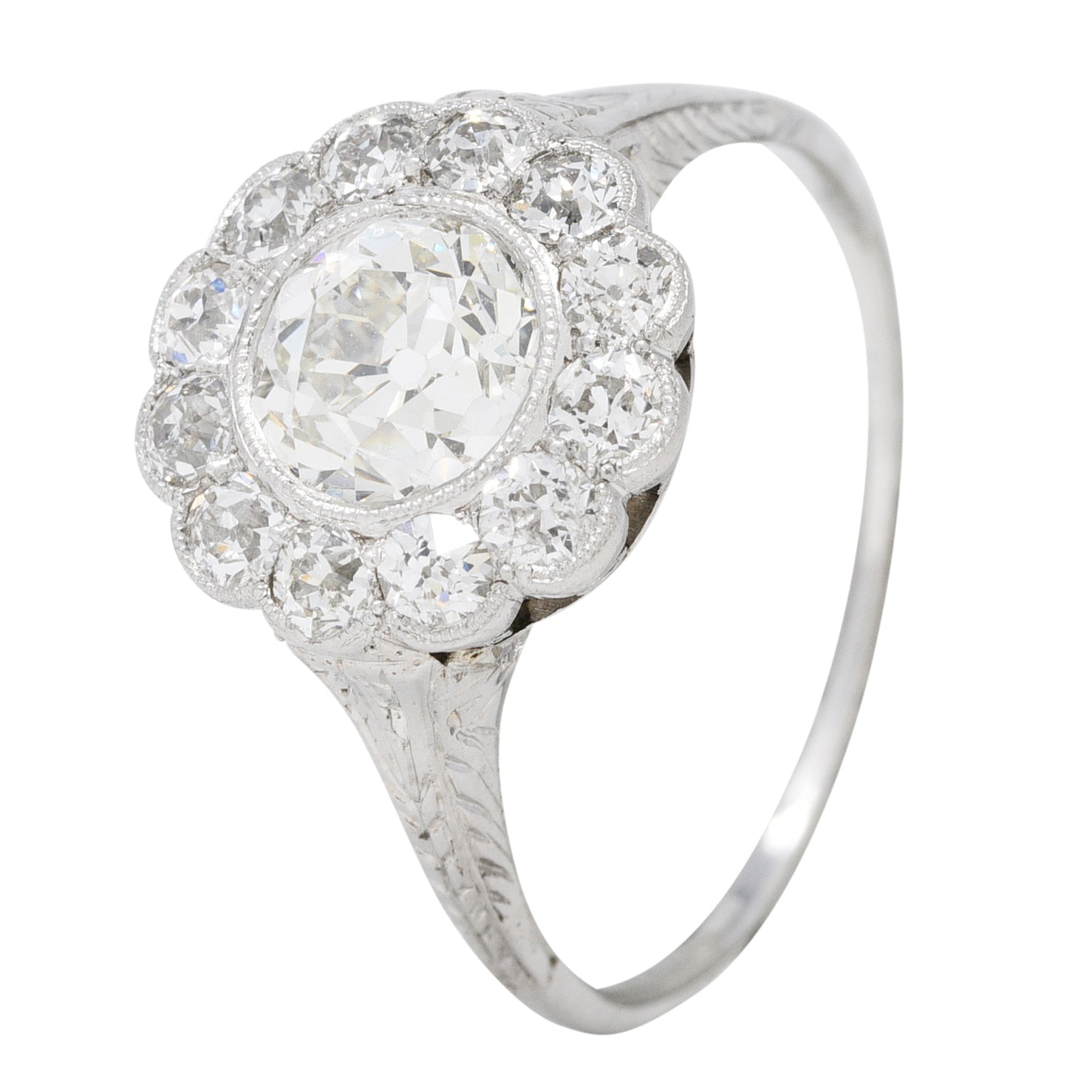 Art Deco 1.44 CTW Old European Cut Diamond 18 Karat White Gold Wheat Halo Ring Wilson's Estate Jewelry