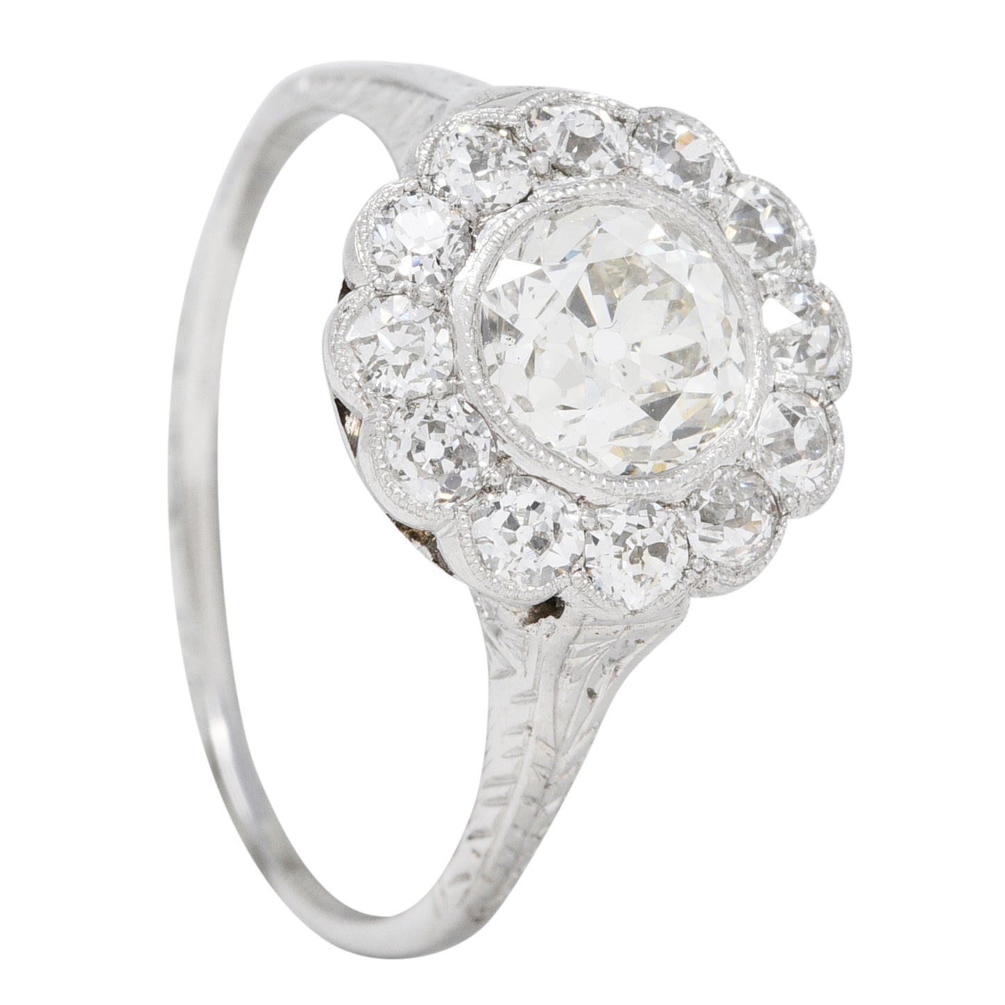 Art Deco 1.44 CTW Old European Cut Diamond 18 Karat White Gold Wheat Halo Ring Wilson's Estate Jewelry