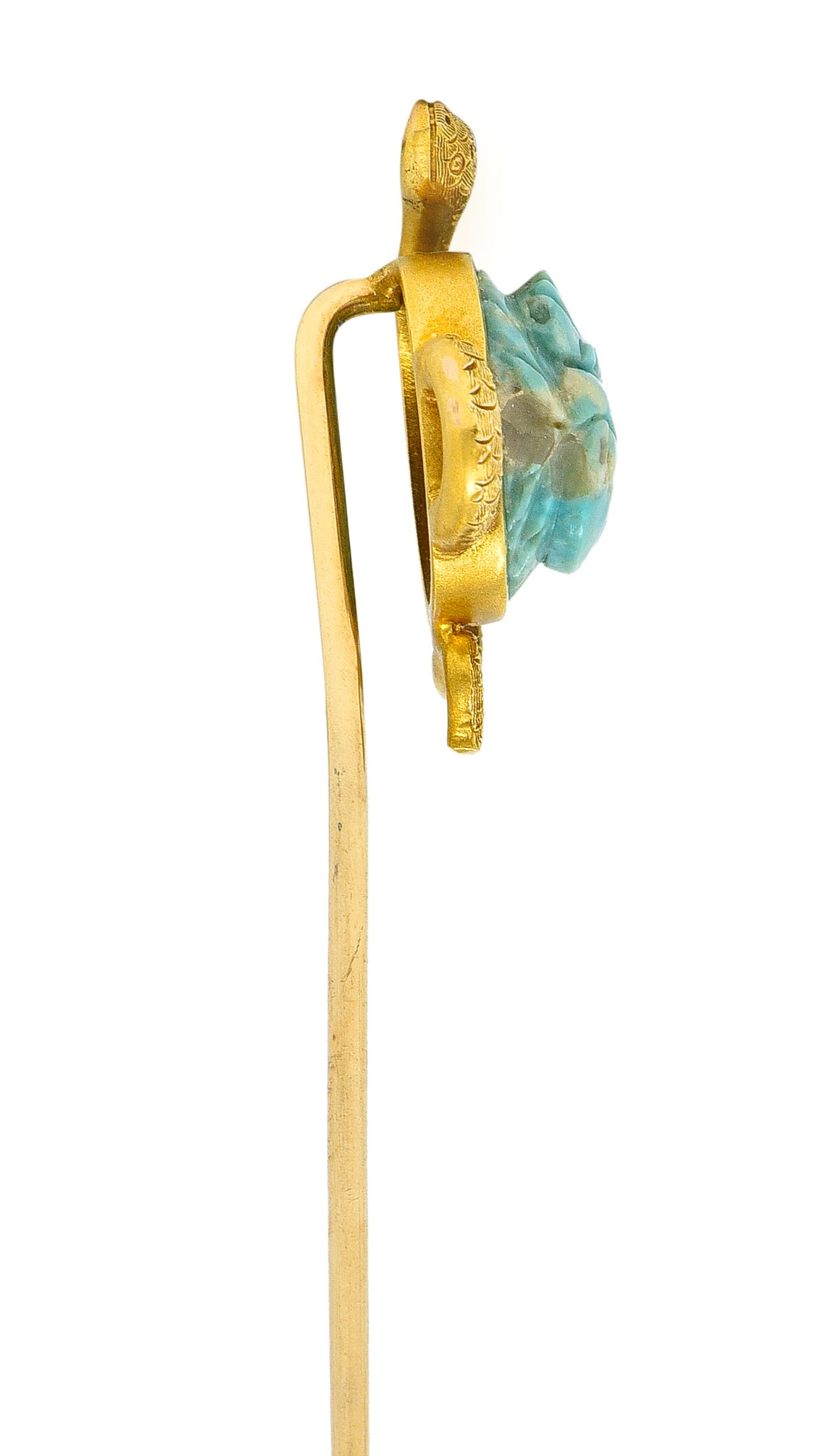 Victorian Turquoise Emerald 14 Karat Yellow Gold Scarab Snake Antique Unisex Stickpin Wilson's Estate Jewelry