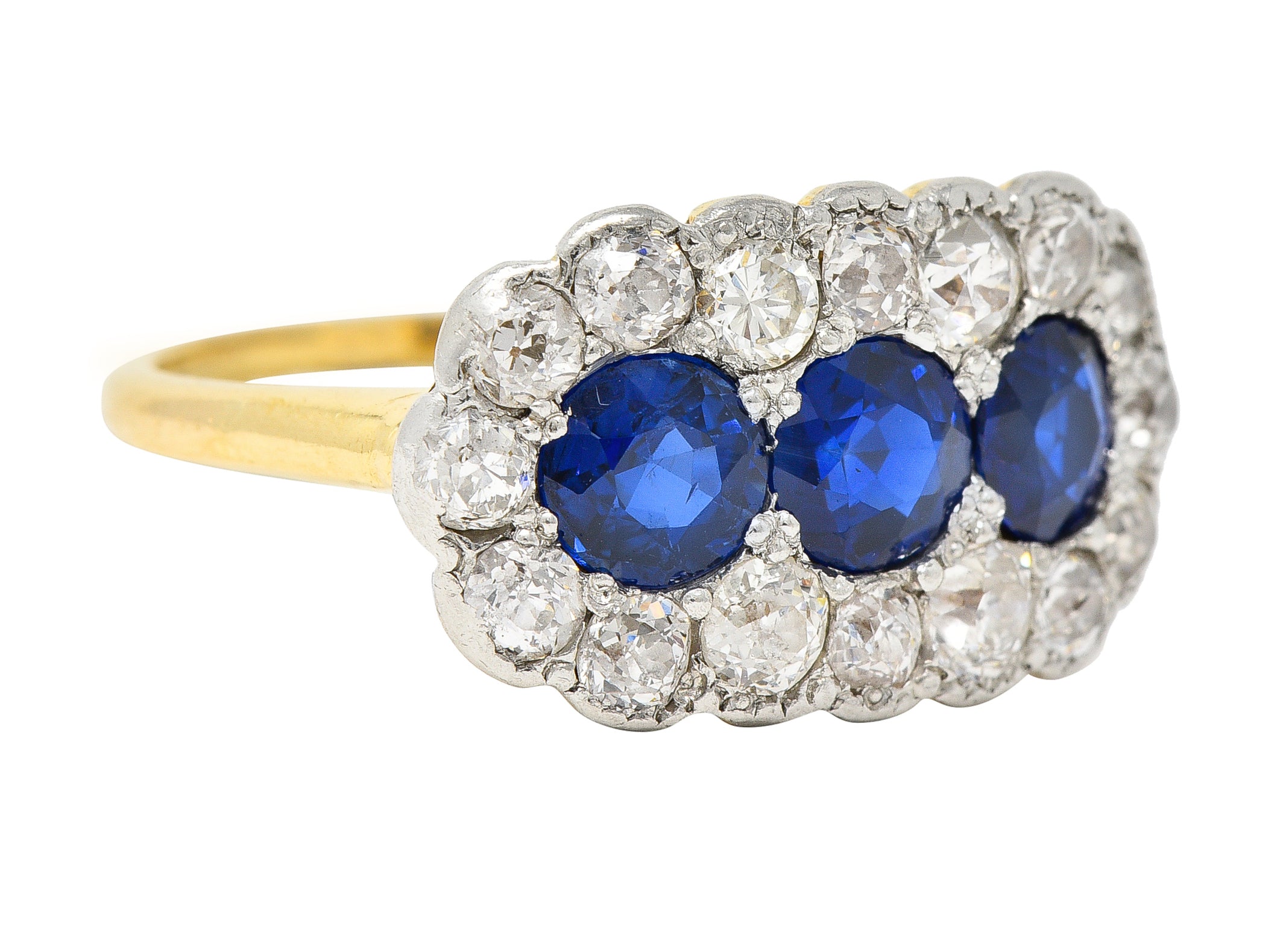 Edwardian 2.40 CTW Sapphire Diamond Platinum 14 Karat Gold Antique Cluster Ring Wilson's Estate Jewelry